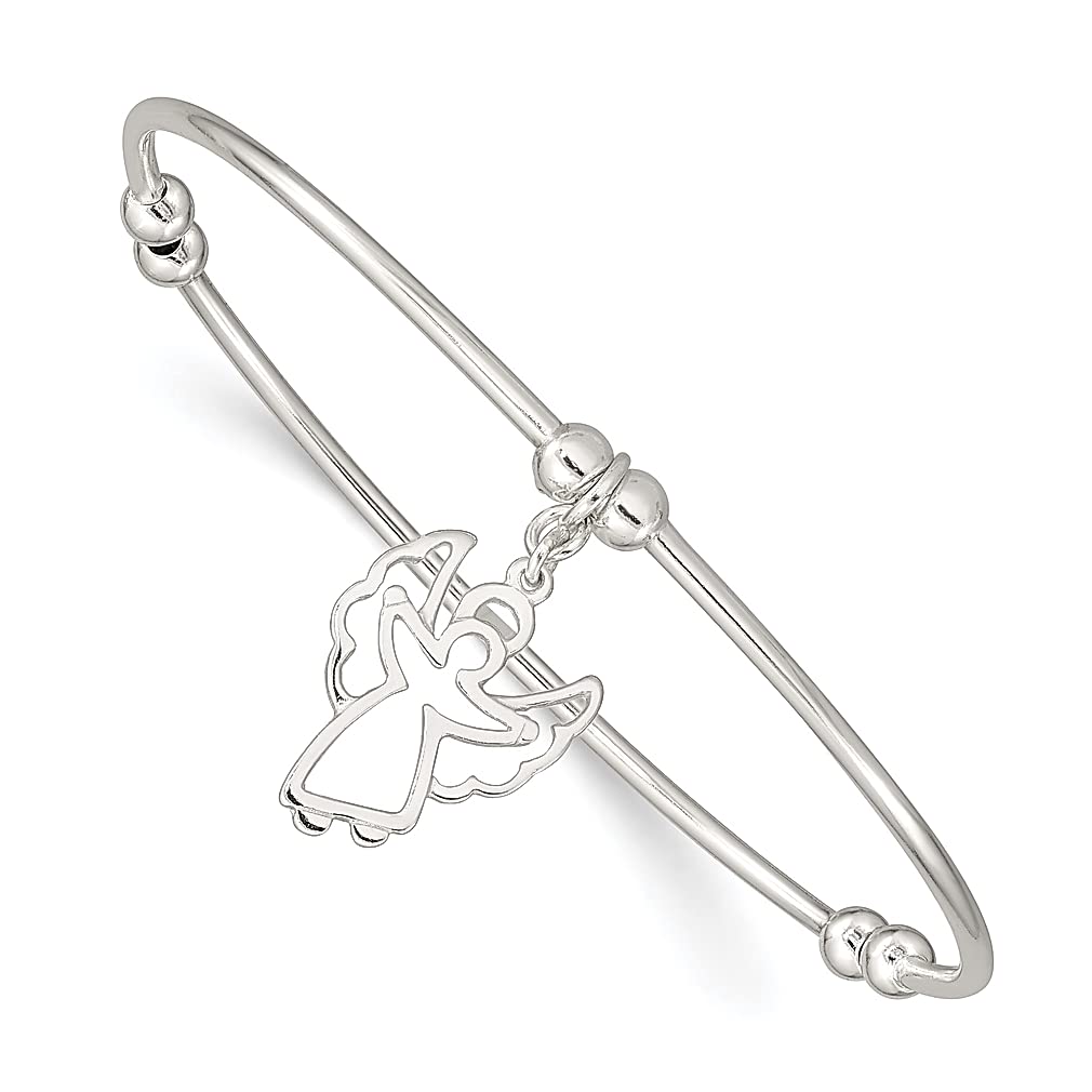 925 Sterling Silver Angel Bead Stretch Bangle Bracelet - Expandable Stackable 7 Inch Religious Jewelry for Women - Perfect Gift for Her - Ideal for Church, Weddings & Everyday Wear