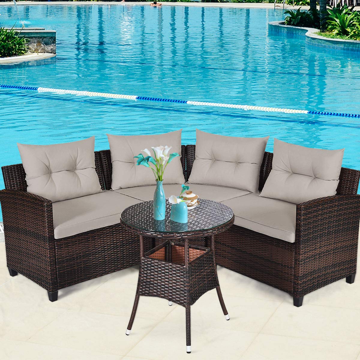 Tangkula 4-Piece Outdoor Patio Furniture Set - Modern C-Shaped Wicker Sectional Sofa with Cushions & Glass Coffee Table, Water-Resistant Rattan Deck Set for Garden, Poolside, Balcony, Backyard (Beige) | Perfect for Lounging, Entertaining & Relaxing Outdoors