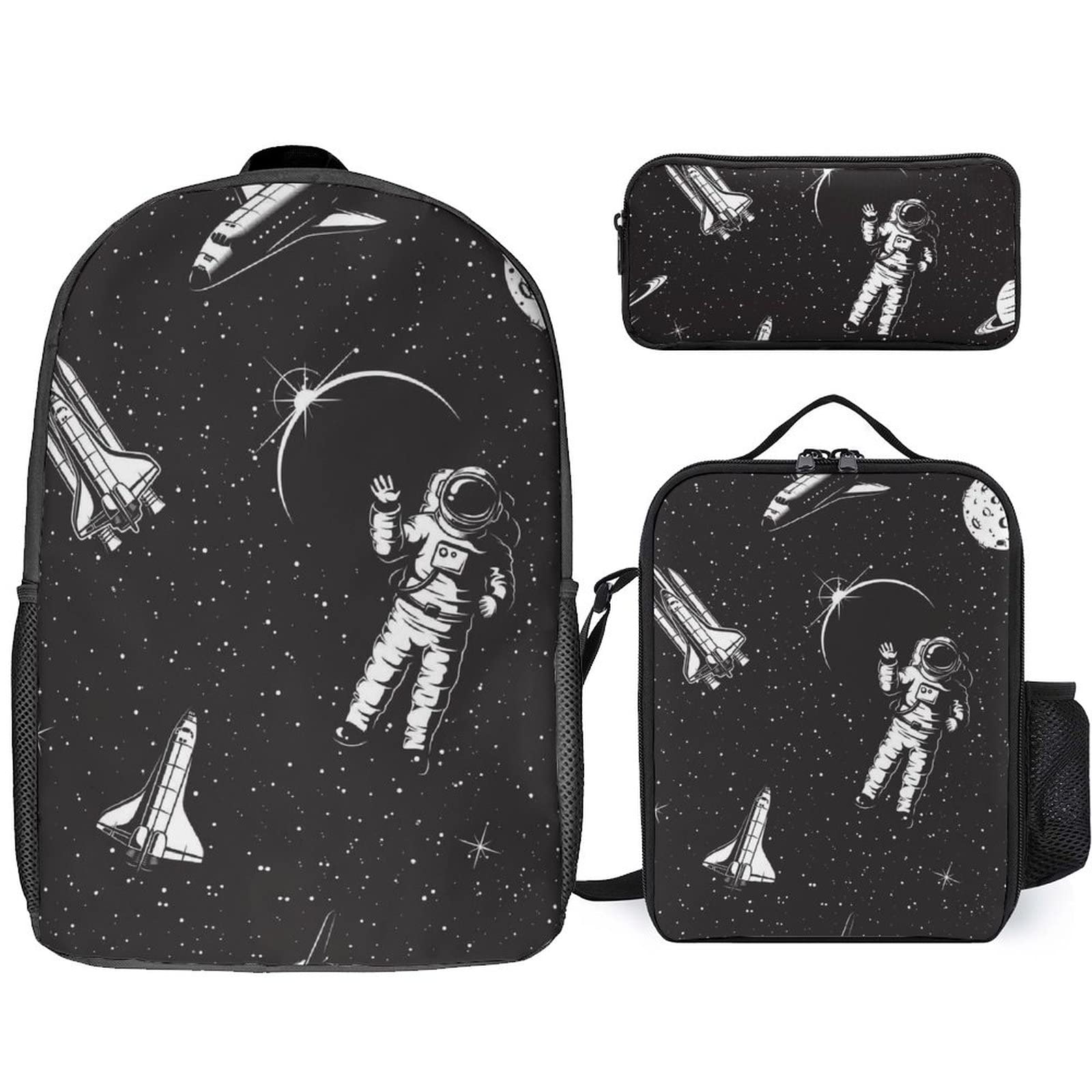 3-Piece Astronaut Rocket Universe Space Themed Backpack Set - Includes Lunch Box & Pen Case for School, Work & Travel | Perfect for Teens, Students & Adults | Daypack, Laptop Rucksack & Book Bag