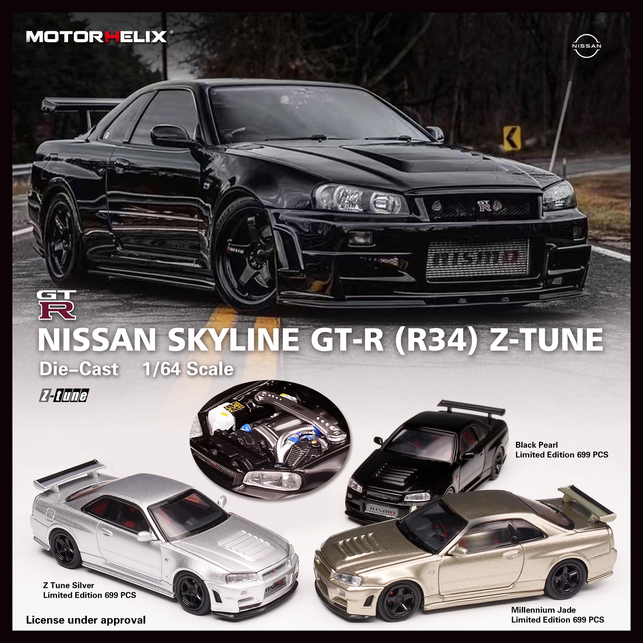 MotorHelix 1/64 Scale Diecast Nissan Skyline GT-R R34 (BNR34) Z-Tune Model Car in Pearl Black - Collectible Miniature for Display, Racing Enthusiasts & Car Lovers