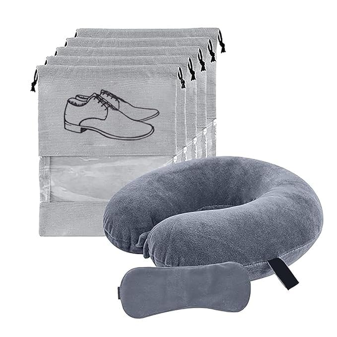 Avolusion Neck Pillow with Eye Mask & Shoe Cover - Travel Comfort for Pain Relief, Long Flights & Road Trips - Memory Foam Airplane Pillow for Sleeping, Neck Support - Perfect for Business Travel, Commuting & Relaxation at Home