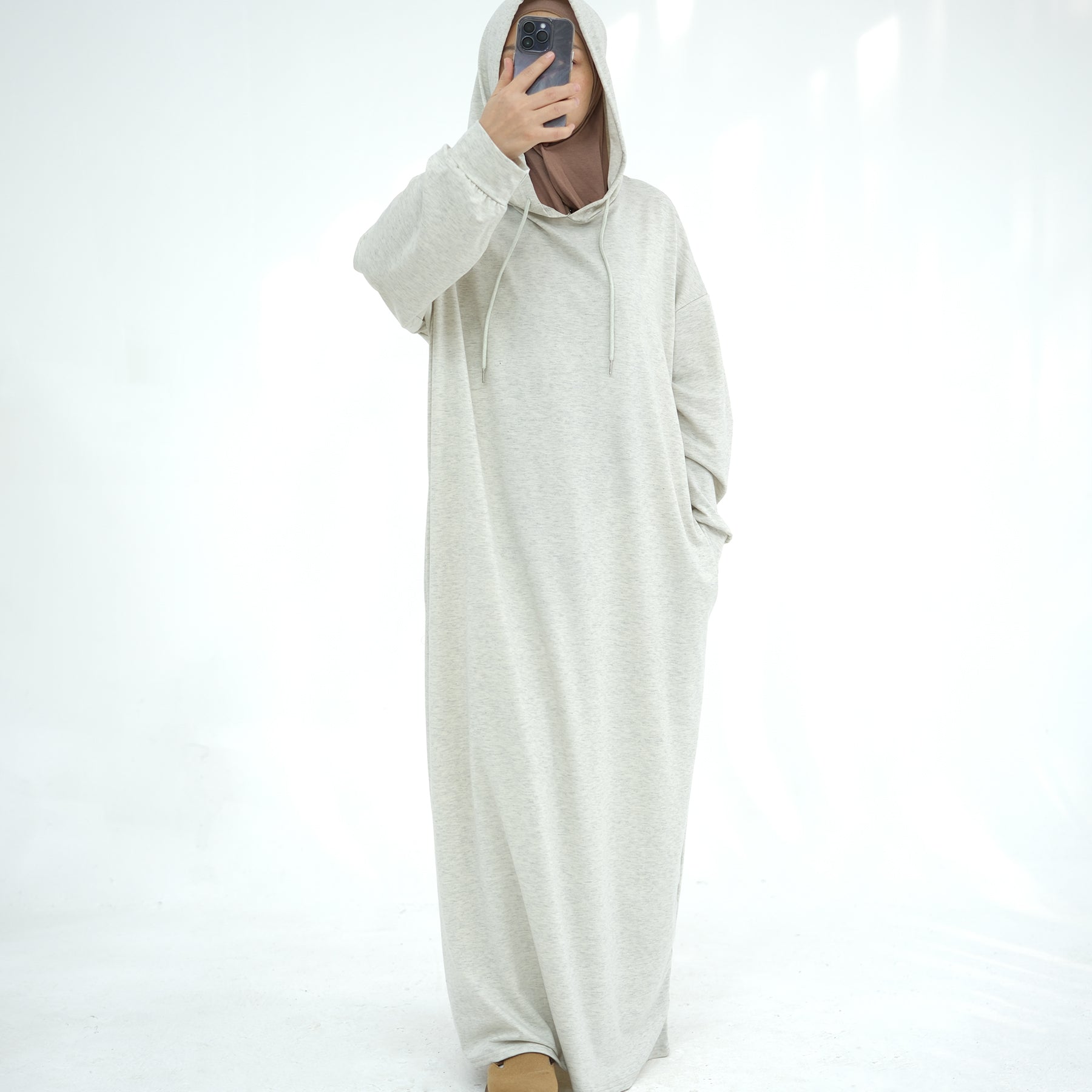 Alora Poly Hoodie Abaya - Light Heather Gray Modest Muslim Dress for Women | Comfortable & Stylish Prayer Outfit for Home, Mosque & Everyday Wear