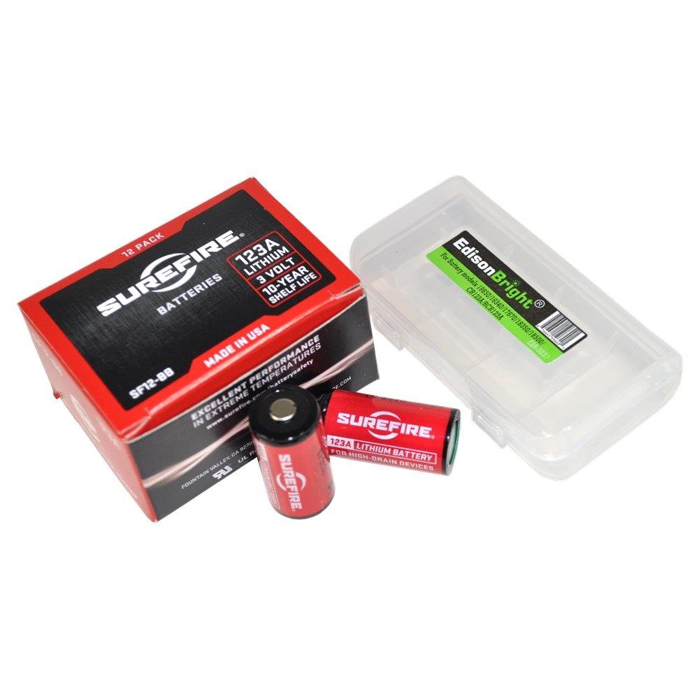 EdisonBright 12 Pack SureFire CR123A Lithium Batteries - Made in USA | SF123A BBX3 Battery Carry Case Bundle | Perfect for Flashlights, Cameras & Emergency Kits