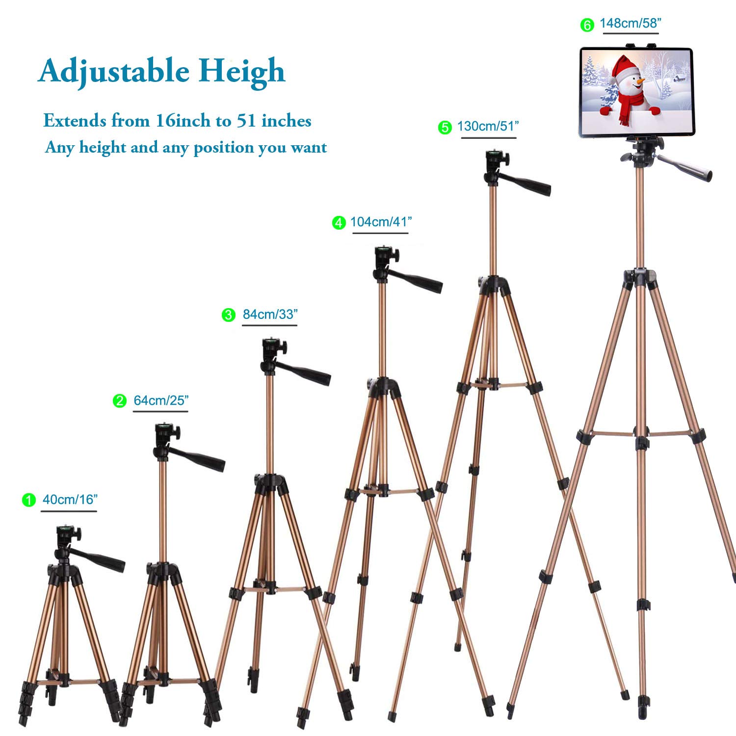 Universal Tablet Tripod Stand with Bluetooth Remote - 51in Lightweight Adjustable Phone Mount Holder for iPad Pro 12.9/11/10.5, iPad Air/Mini, Surface Pro, Galaxy Tab & 3.5-13.5