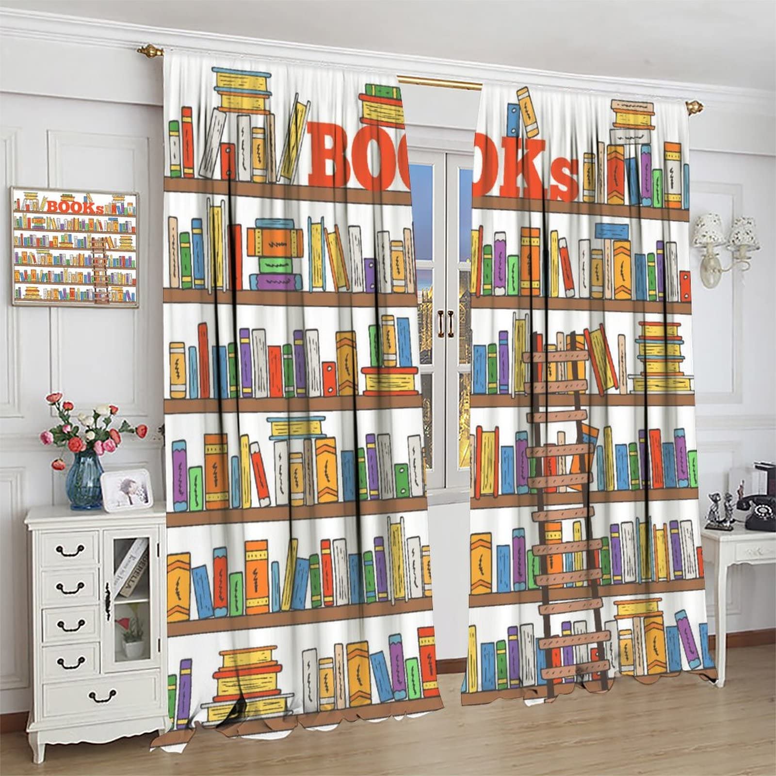 Modern Bookshelf Blackout Curtains - 42x45 Inch Jacquard Library Ladder Design for Kids Room & Bedroom Decor - Perfect for Reading Nooks, Study Areas, and Nursery Blackout Solutions