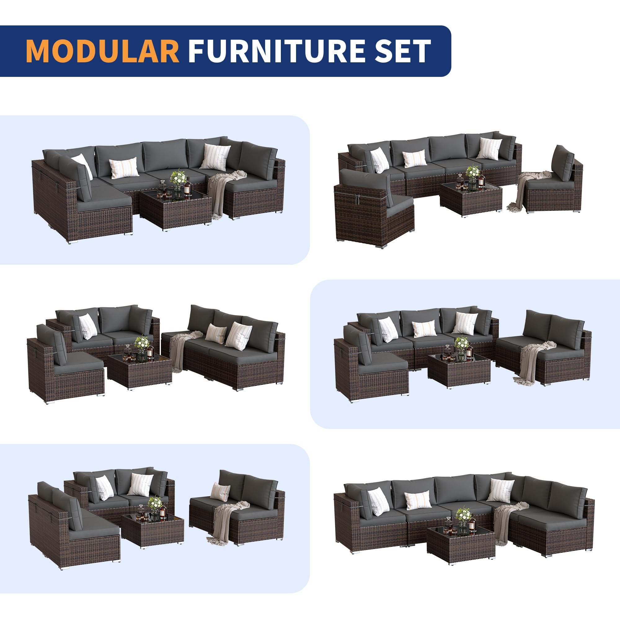 7-Piece Outdoor Patio Furniture Set with Waterproof Cover - All-Weather Wicker Sectional Sofa with Brown Frame & Gray Cushions - Perfect for Backyard, Garden, Poolside or Deck Relaxation
