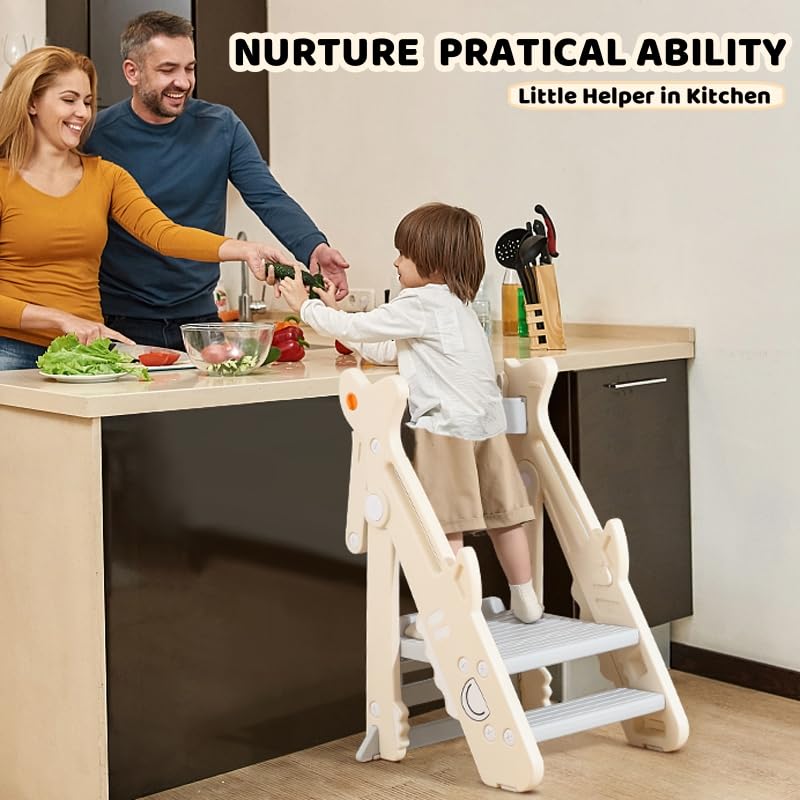 Foldable Toddler Kitchen Step Stool with Adjustable Height & Safety Rail - Anti-Drop Standing Tower Helper for Cooking, Baking & Learning Activities