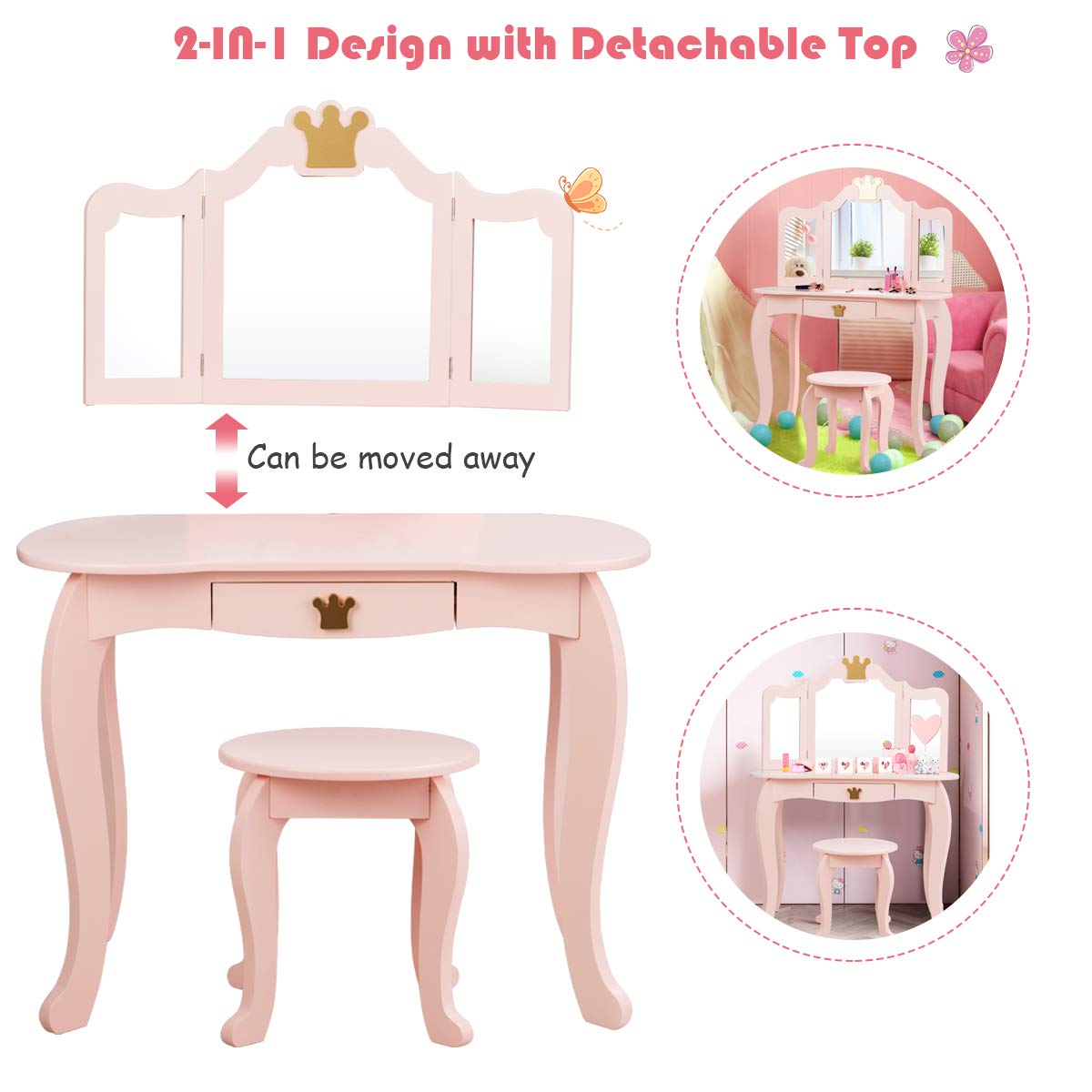 GLACER Pink Kids Vanity Table & Chair Set with Tri-Fold Mirror & Drawer - 2-in-1 Pretend Play Makeup Dressing Table for Toddler Girls - Detachable Top Beauty Desk for Bedroom & Playroom Decor