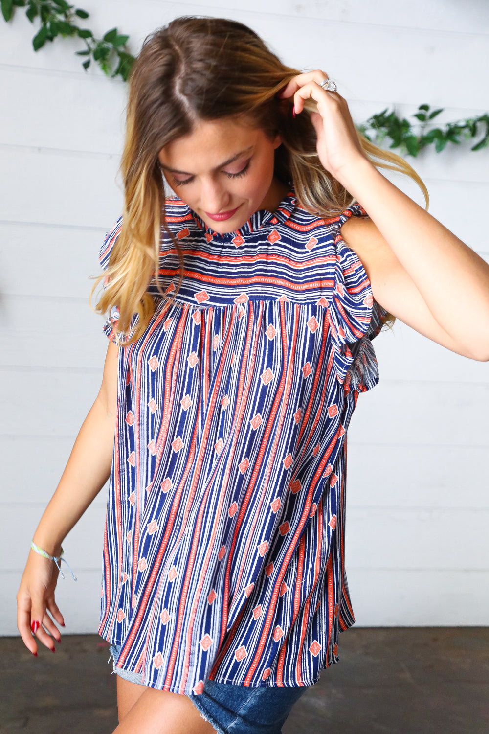 Boho Stripe Flutter Sleeve Top - Navy & Orange Women's Blouse for Casual Wear, Beach Outfits & Summer Fashion