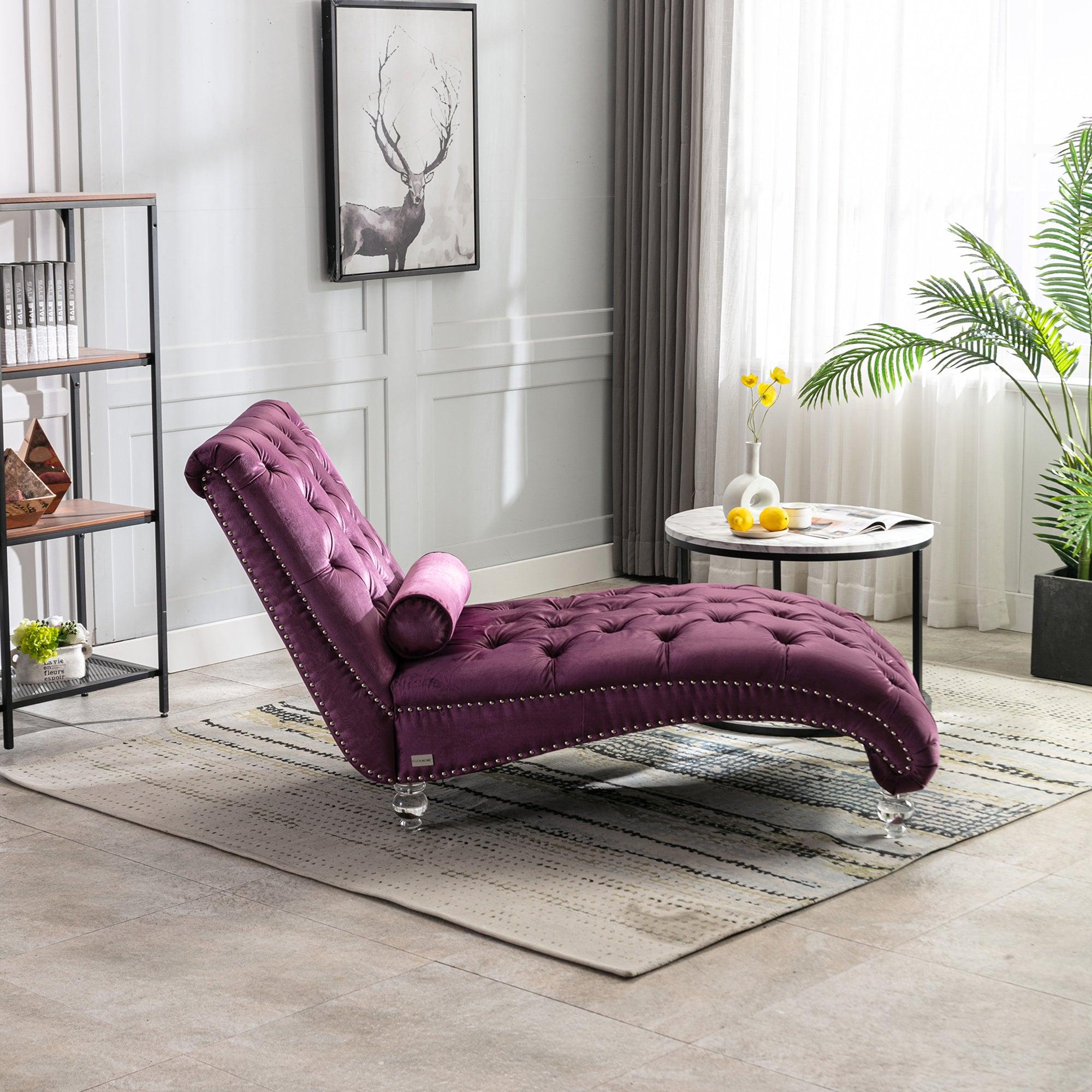 Luxury Velvet Chaise Lounge Chair - Button Tufted Upholstered Sofa with Pillow for Bedroom, Living Room & Office - Elegant Purple Velvet Chaise - Perfect for Relaxing, Reading & Home Decor