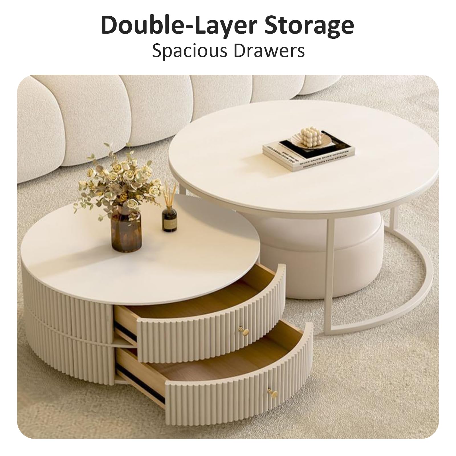 Premium Nesting Coffee Table Set of 2 with Leather Stool - Ivory Wood Circle Embossed Design & 2 Drawers - Round Baking Paint Frame Coffee Table for Living Room, Lounge & Small Spaces