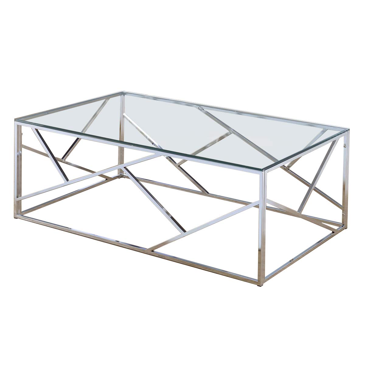 Benjara Industrial 3-Piece Glass Coffee Table Set with Geometric Metal Base in Silver - Modern Living Room Furniture for Small Spaces & Apartments