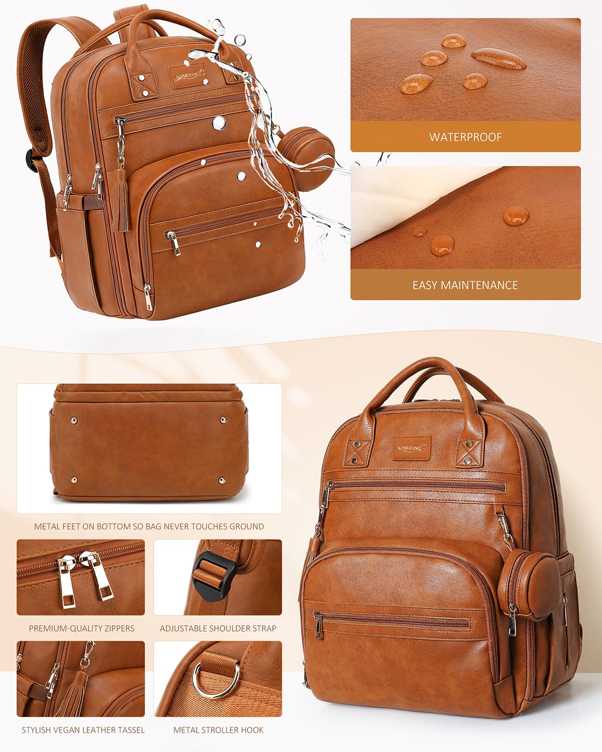 Premium Vegan Leather Diaper Bag Backpack - Waterproof Baby Changing Pad, 20 Pockets Organizer, Reinforced Zippers & Odor-Free, Fits 15.6