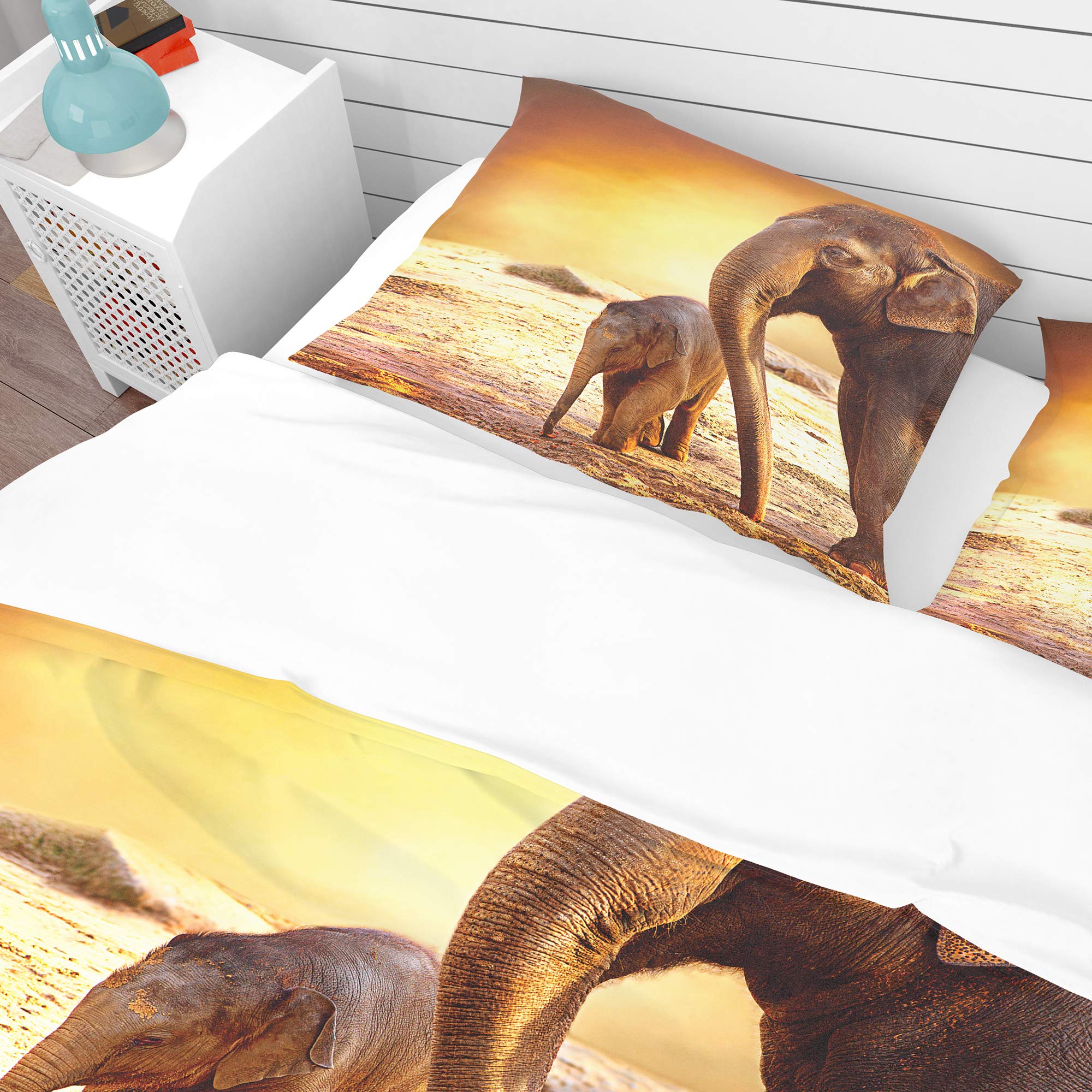 DesignQ Elephant Mother and Baby Traditional Duvet Cover Set - Queen Size Yellow Animal Print Bedding (3-Piece) for All Seasons | Perfect for Nursery, Guest Room & Bohemian Bedroom Decor