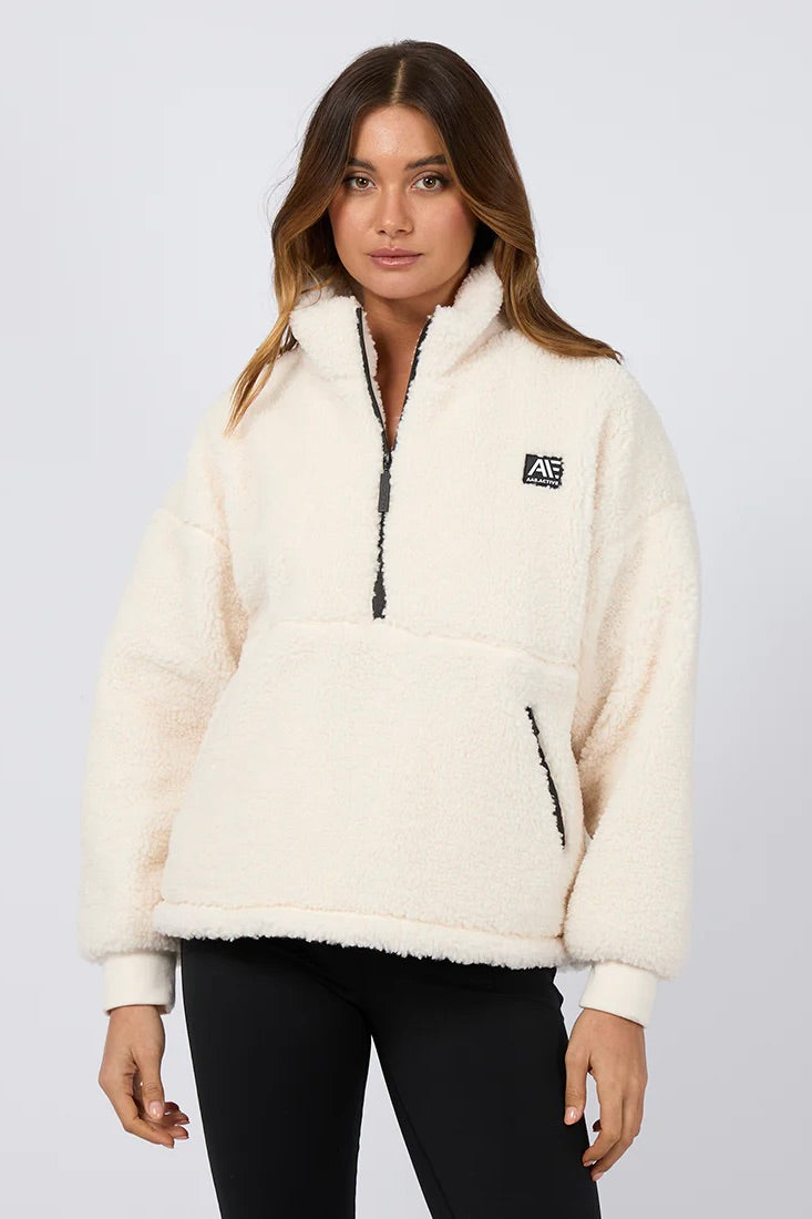 Amara Vintage White Quarter Zip Teddy Sweatshirt for Women - Cozy Fleece Pullover with Kangaroo Pocket - Perfect for Fall, Winter & Casual Outings