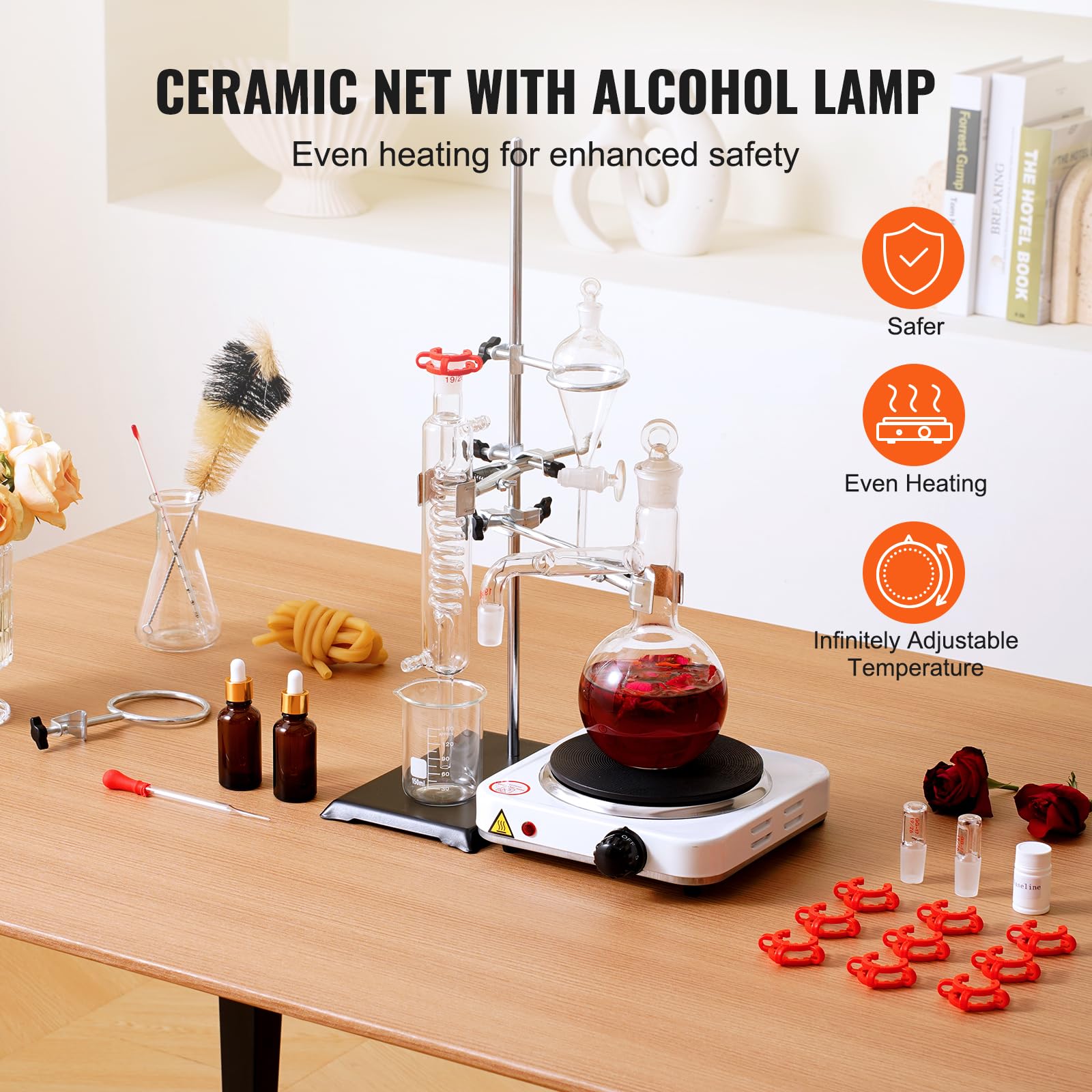 VEVOR 500ml Essential Oil Distillation Kit - 3.3 Boro Lab Glassware Set with 1000W Heating Plate & 24/40 Joint (33pcs) for Aromatherapy, Herbal Extracts & DIY Essential Oils at Home