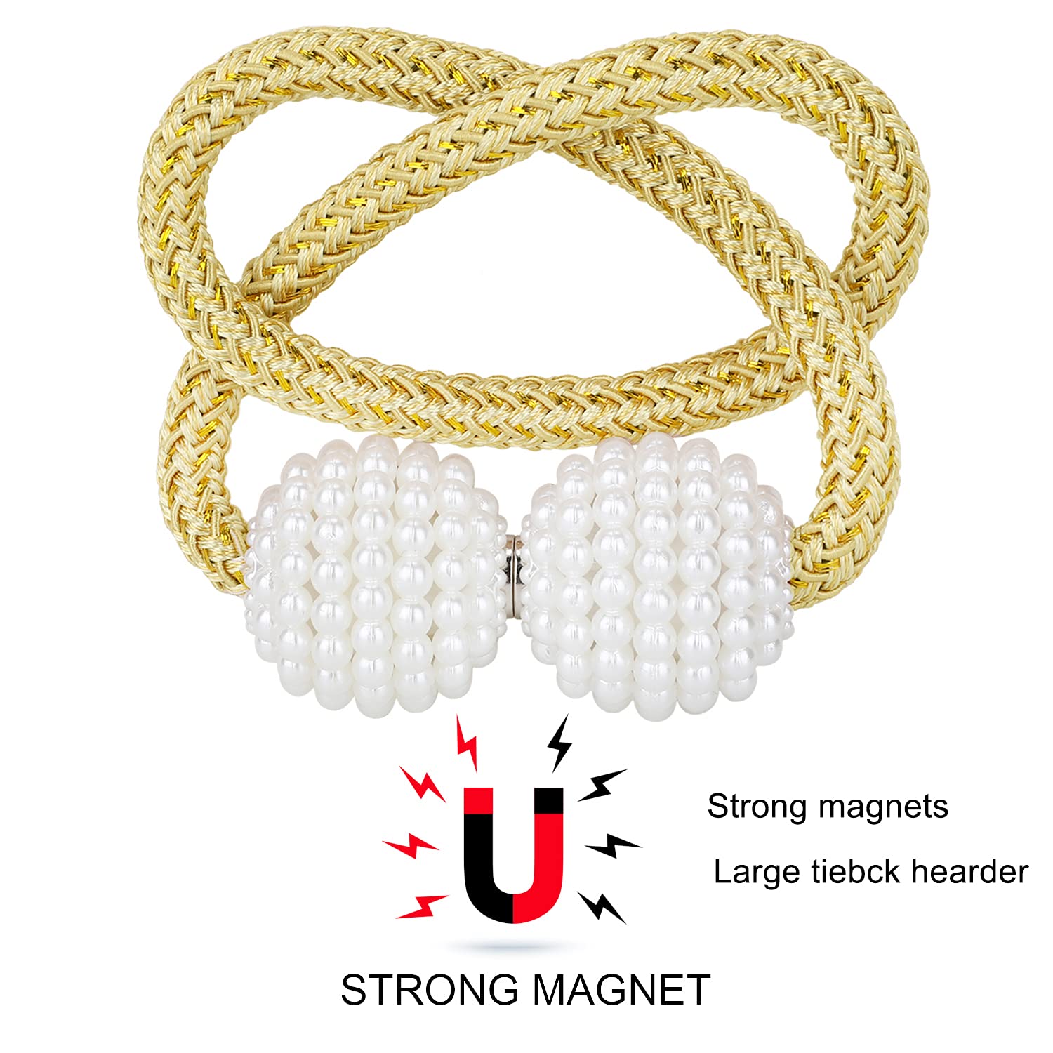 Magnetic Curtain Tiebacks 2 Pack - Gold Weave Rope Clips for Home & Office Decor