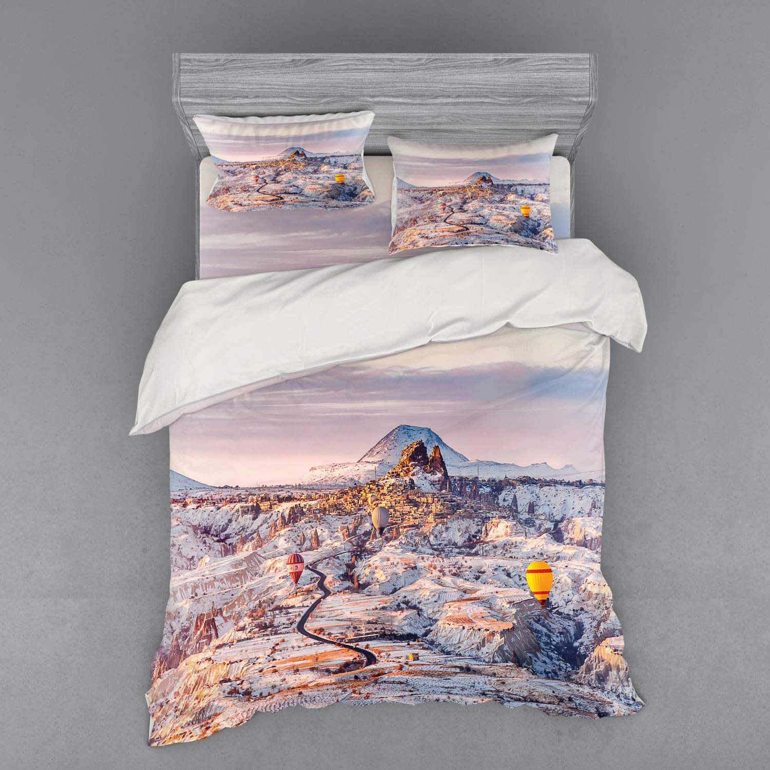 Ambesonne Winter Bedding Set - Queen Size 4-Piece Duvet Cover Set with Shams & Fitted Sheet | Cappadocia Turkey Landscape with Hot Air Balloons & Anatolia Valley Geology Design | Cozy Multicolor Bedroom Decor for Cold Weather & Holiday Season