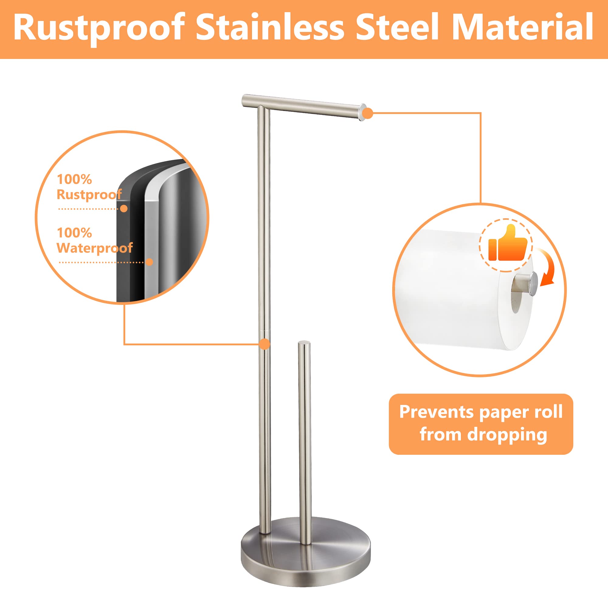 Freestanding Toilet Paper Holder Stand with Weighted Base - Brushed Nickel Stainless Steel Bathroom Tissue Storage for 4 Rolls - Space-Saving Design for Small Bathrooms, Powder Rooms & RVs