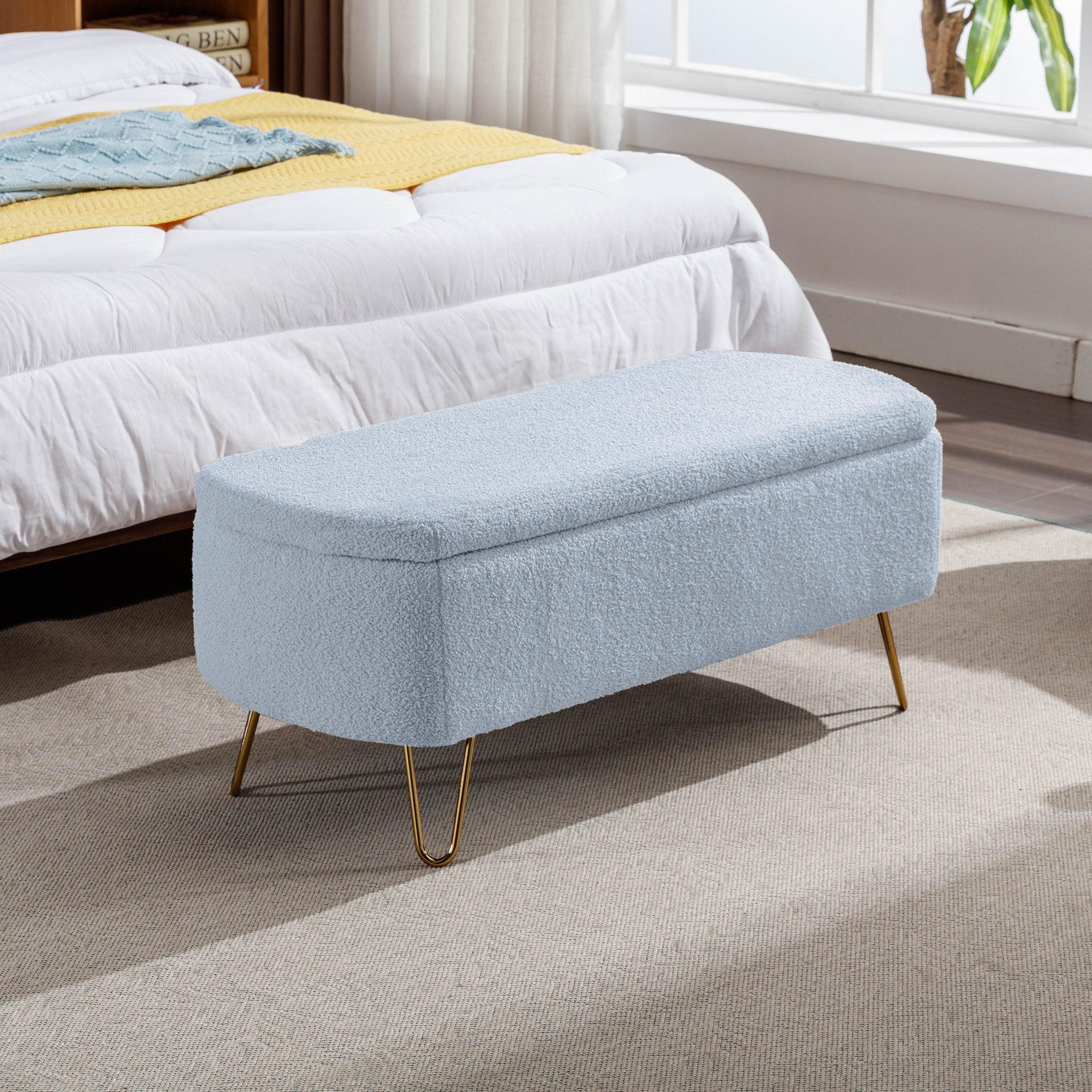 Modern Blue Storage Ottoman Bench with Gold Legs & Grey Faux Fur Upholstery - Padded Seat with Hidden Storage for Bedroom, Living Room & Entryway | Perfect for Extra Seating, Footrest & Home Organization