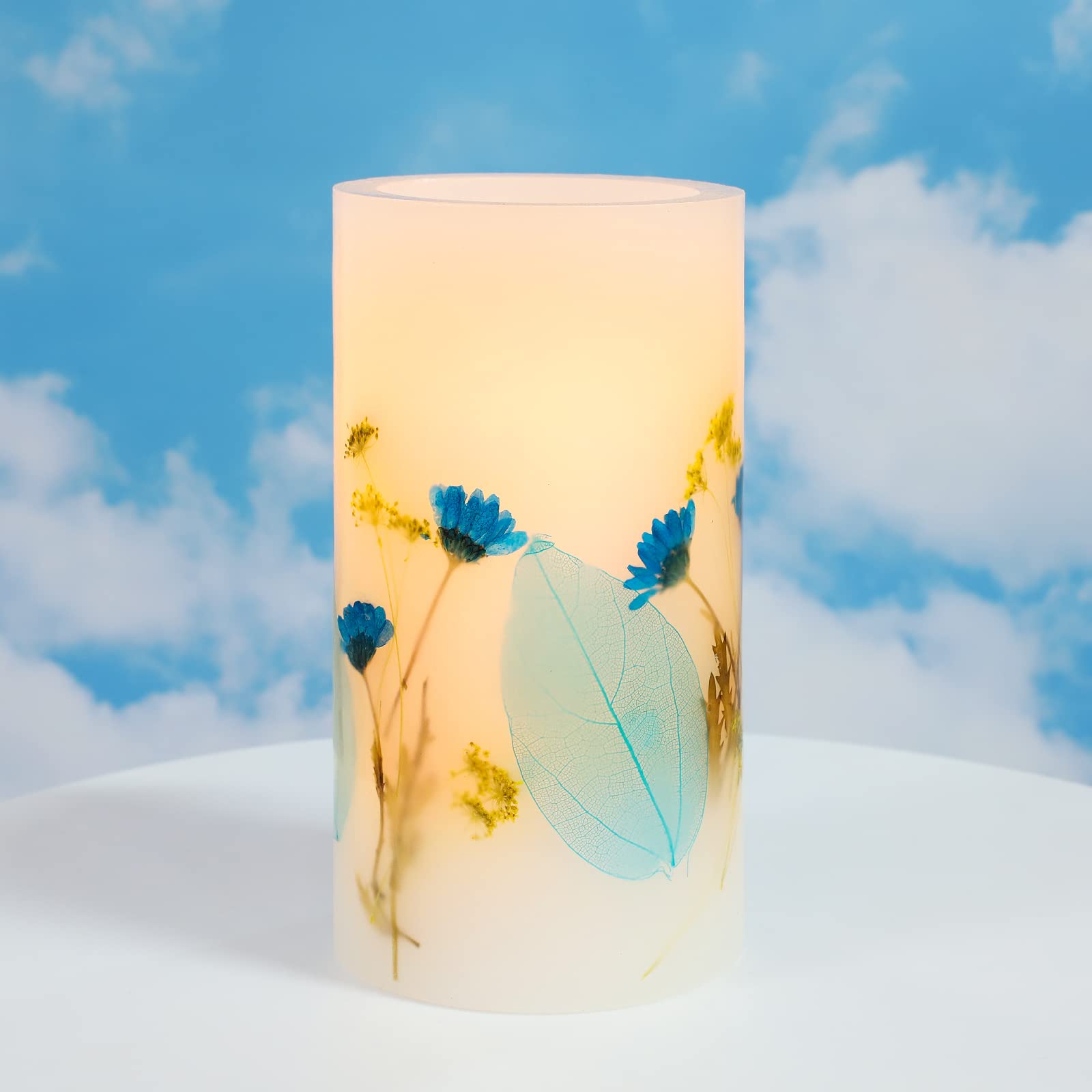 Battery-Operated LED Pillar Candles with Timer - Real Wax Flameless Flickering Candles in Blue Flower Design for Holiday, Home & Bedroom Decor - Perfect for Weddings, Parties & Romantic Ambiance