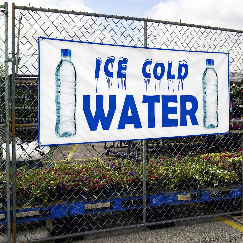 Vinyl Banner 24x48 Inches - Weatherproof Outdoor Sign with 4 Grommets for Restaurants, Bars & Food Businesses | Ice Cold Water Advertising | Durable Yard & Industrial Signage - Perfect for Storefronts, Events & Outdoor Promotions