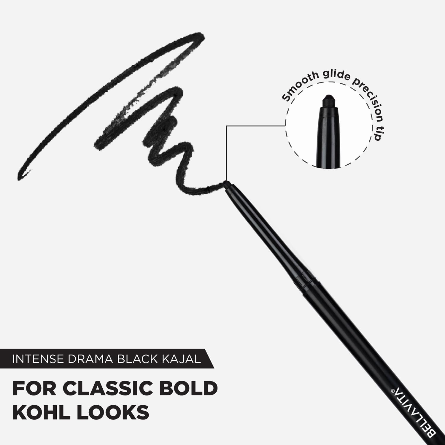 BELLAVITA Intense Drama Kajal Eyeliner - Black, Highly Pigmented, Smudge-Proof & Long Lasting (0.3g) - Infused with Vitamin E & Almond Oil for Glossy Finish - Perfect for Day & Night Makeup Looks