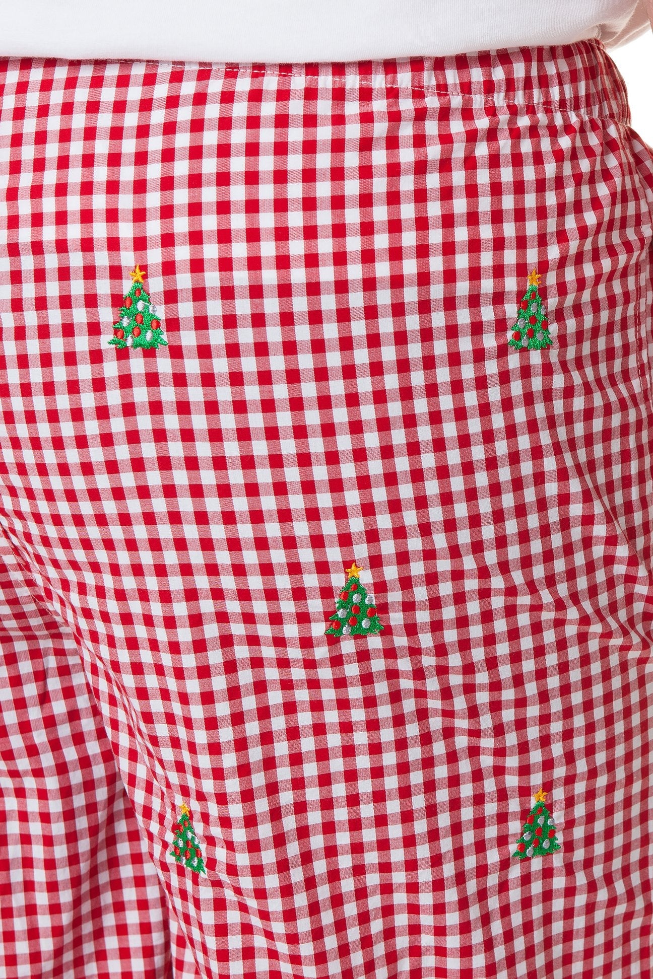 Women's Wide Leg Sleep Pants - Red Gingham Print with Christmas Tree Design | Cozy Holiday Lounge Wear for Christmas Morning & Winter Nights