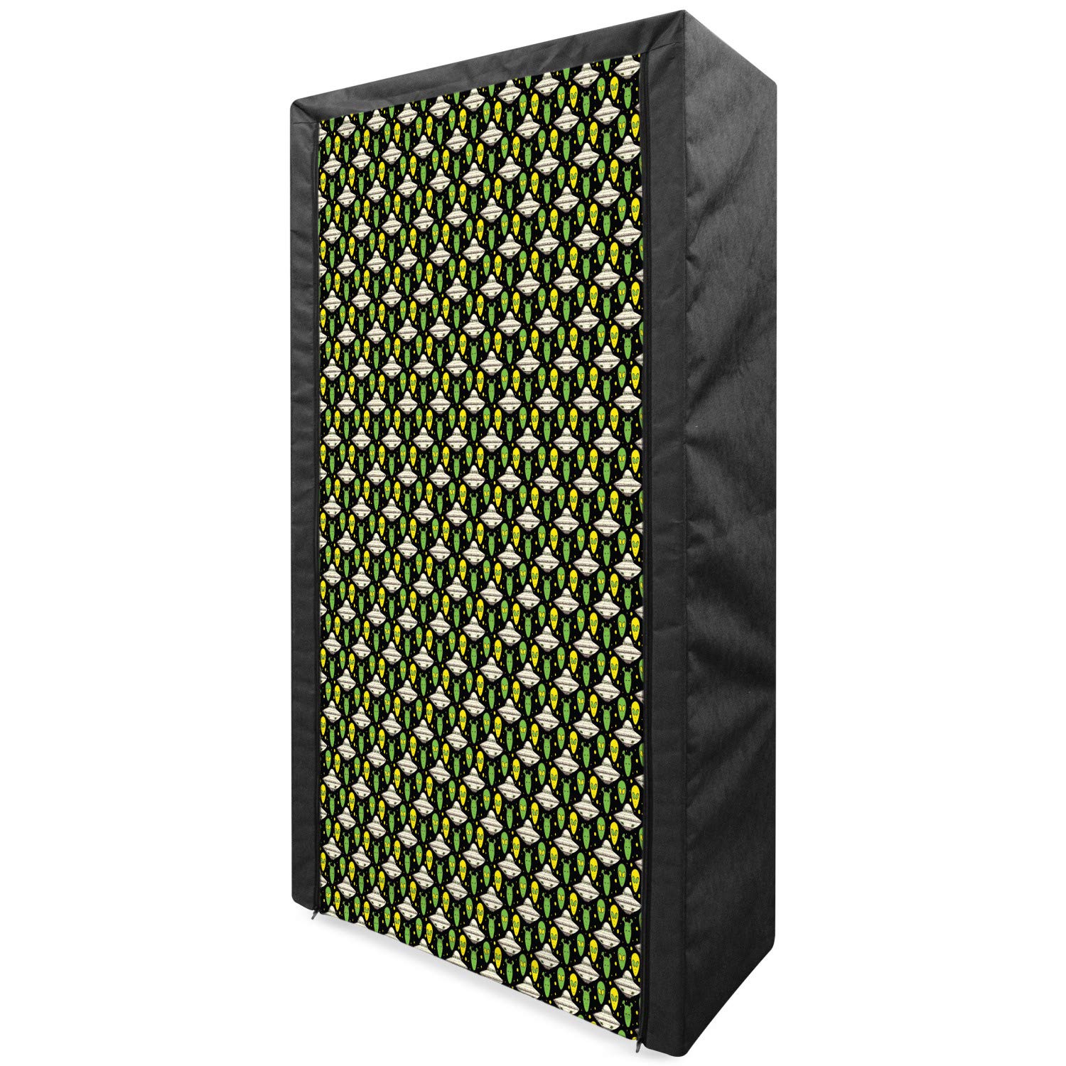 Ambesonne Alien Portable Fabric Wardrobe - Space Themed Clothing Organizer with Shelves | 33.5 Inch Closet Storage for Bedroom, Dorm, or Travel | Sketch Style Spacecraft Design on Dotted Background in Apple Green Eggshell