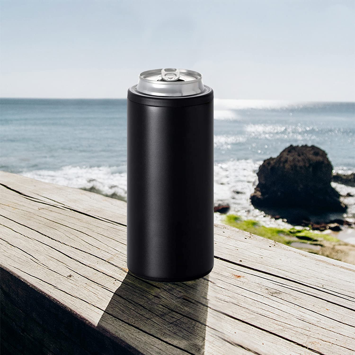 12 Oz Slim Can Cooler with Reusable Straw - Double-Walled Vacuum Insulated Stainless Steel Beer Soda Beverage Holder - Perfect for Camping, Picnics & Outdoor Parties