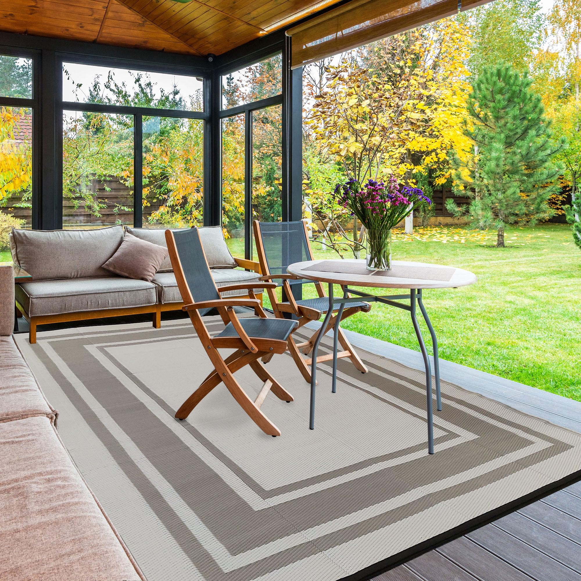 RURALITY 5x8 Outdoor Rugs - Waterproof Reversible Patio Mat for Deck, Porch, Backyard & Balcony - Durable Plastic Straw Geometric Design - Perfect for Outdoor Entertaining, Lounging & Decor