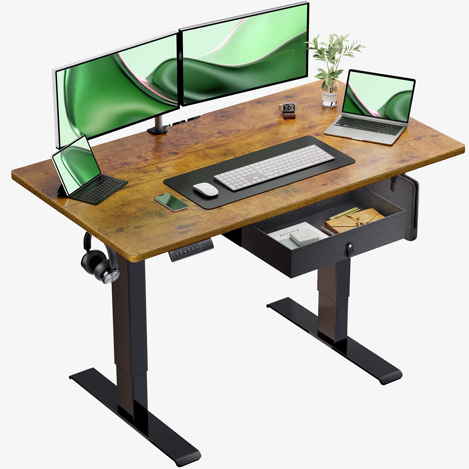 Marsail 48 Inch Adjustable Height Standing Desk with Storage - Rustic Brown Finish for Home Office, Gaming & Workspace Ergonomics