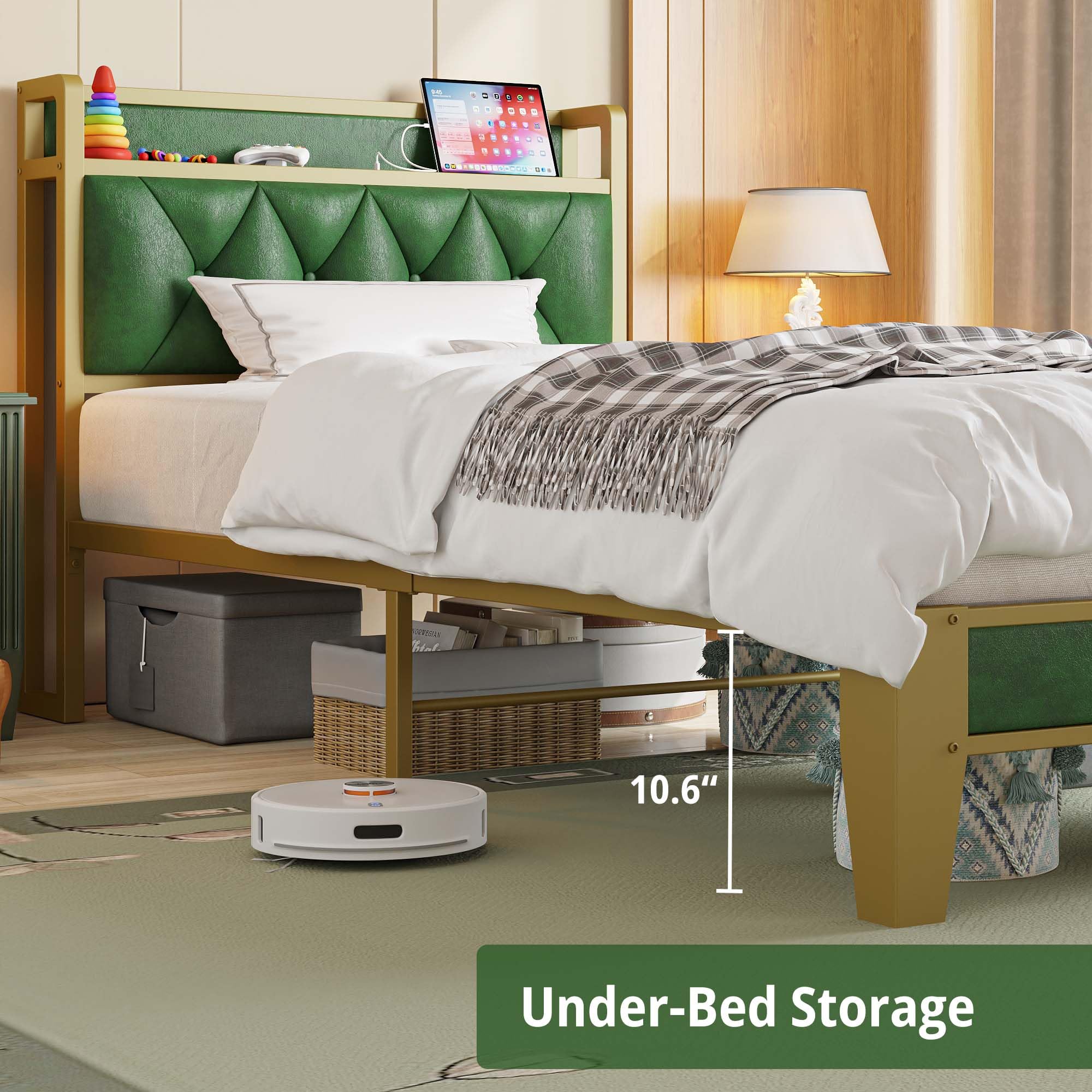 ANCTOR Twin Bed Frame with Storage Headboard & USB Outlets - Easy Assembly, Sturdy Metal Platform Bed, No Box Spring Needed, Quiet & Stable - Perfect for Small Spaces, Dorms, Guest Rooms & Apartments (Emerald Green)