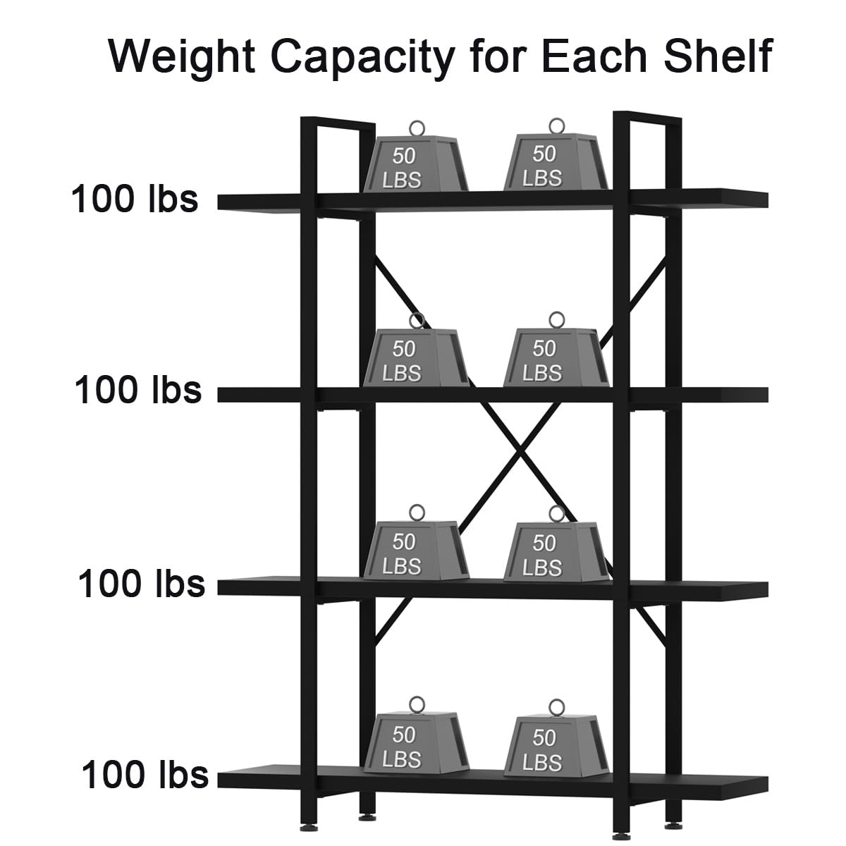 HSH 4-Tier Black Bookshelf - Industrial Metal & Wood Storage Shelf, Modern Open Bookcase for Display - Vertical Book Shelf for Bedroom, Living Room, Office - Perfect for Home Decor, Book Storage & Displaying Collectibles