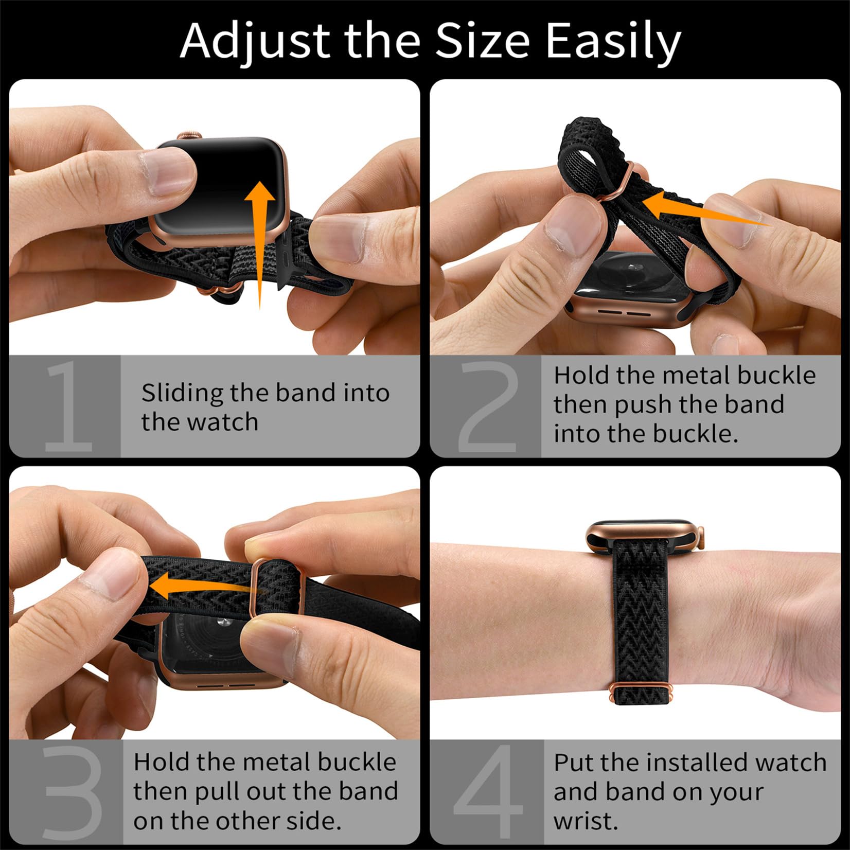 SICCIDEN Slim Stretchy Nylon Watch Band Compatible with Apple Watch Series 10/9/8/7/6/5/4/3/2/1 & Ultra 2/1 - 42mm/44mm/45mm/46mm/49mm - Women's Elastic Thin Strap (Dark Black/Rose Gold) | Perfect for Workouts, Running & Everyday Wear