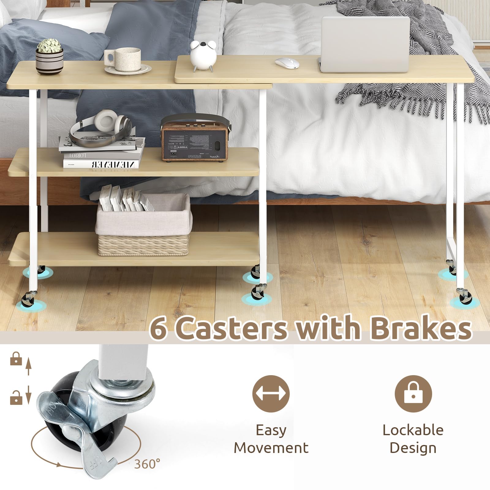 Tangkula 360° Rotating Side Table with 2-Tier Storage - Patented Mobile End Table with Lockable Casters & Metal Frame - Swivel Rolling Desk for Living Room, Bedroom, Office - Perfect as Laptop Table, Couch Snack Table, or Nightstand
