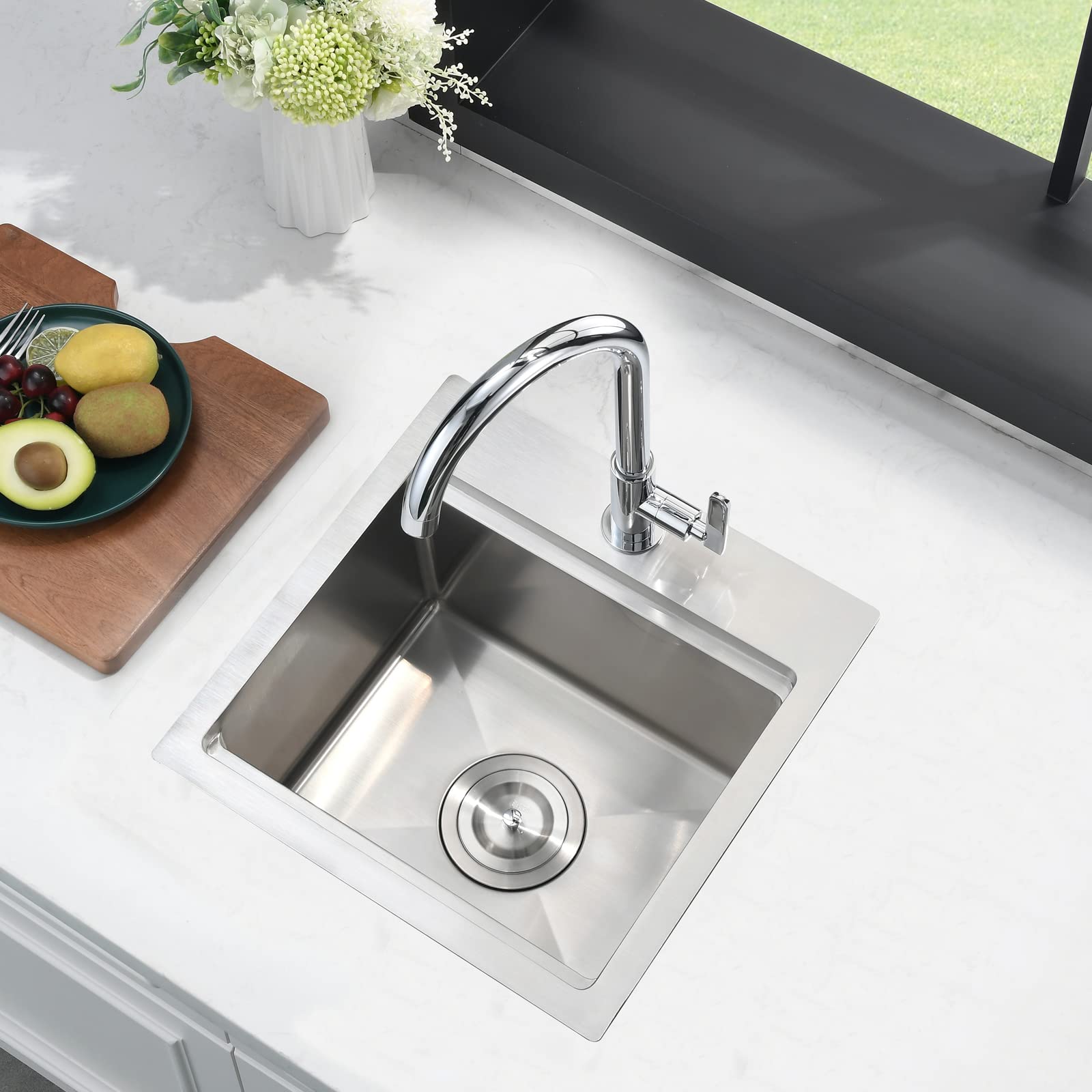 15x15 Inch Drop-in Bar Sink Workstation - 16 Gauge Stainless Steel Single Bowl Small Kitchen Sink with Cutting Board for Outdoor RV, Camper, Tiny House & Home Bar Use