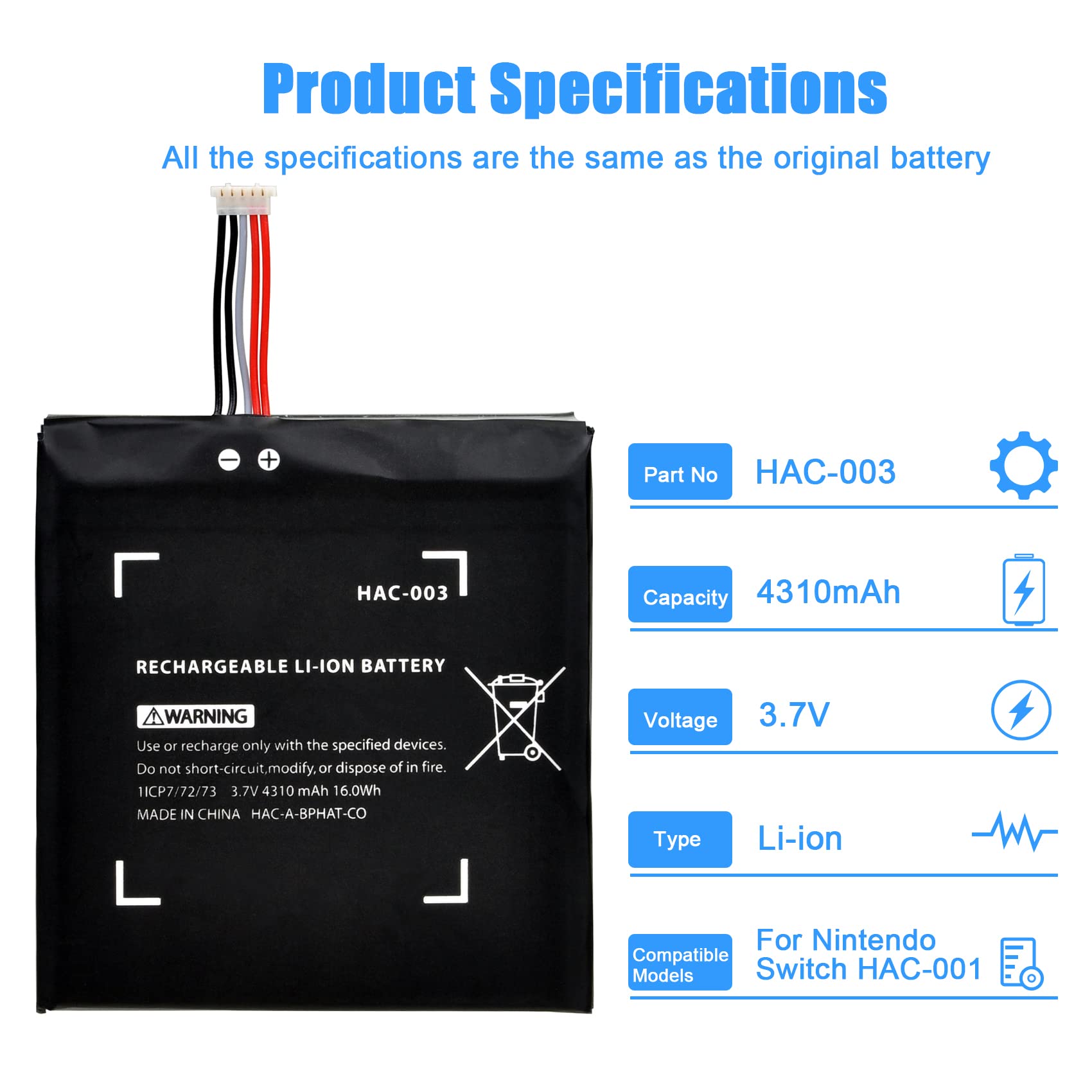 Original Nintendo Switch HAC-003 Battery Replacement - 3.7V 4310mAh 16Wh Internal Battery Pack for Switch Console (HAC-001) - Perfect for Gaming On-The-Go & Extended Play Sessions