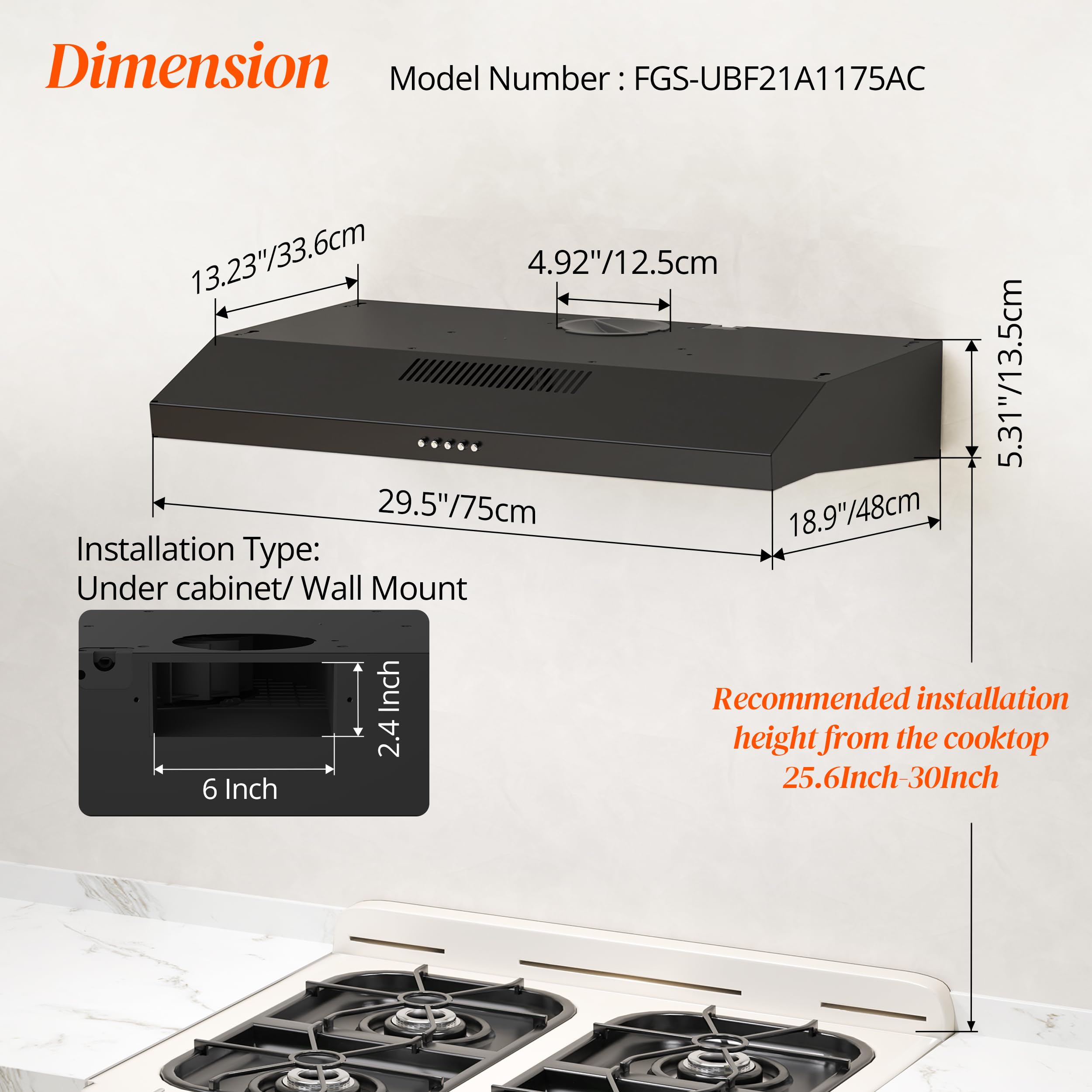 FIREGAS 30 Inch Black Under Cabinet Range Hood - 300 CFM Convertible Ducted/Ductless Kitchen Exhaust Fan with 3-Speed Brushless DC Motor & LED Lights - Perfect for Modern Kitchens, Apartments, and Small Spaces