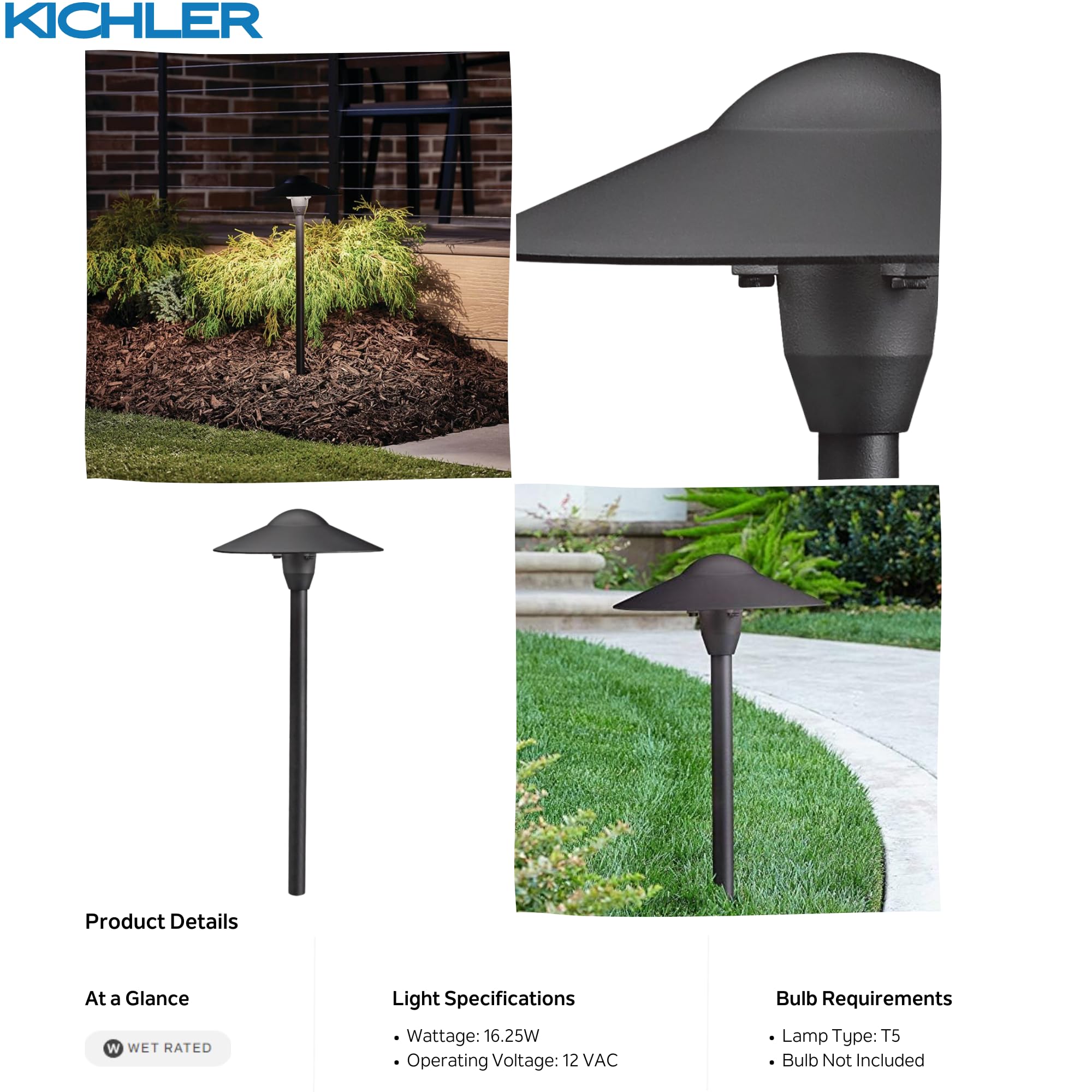 Kicher 12V Landscape Path Lighting Fixture - 4 Pack, 16.25W T5 Wedge Base, Textured Black (8.25