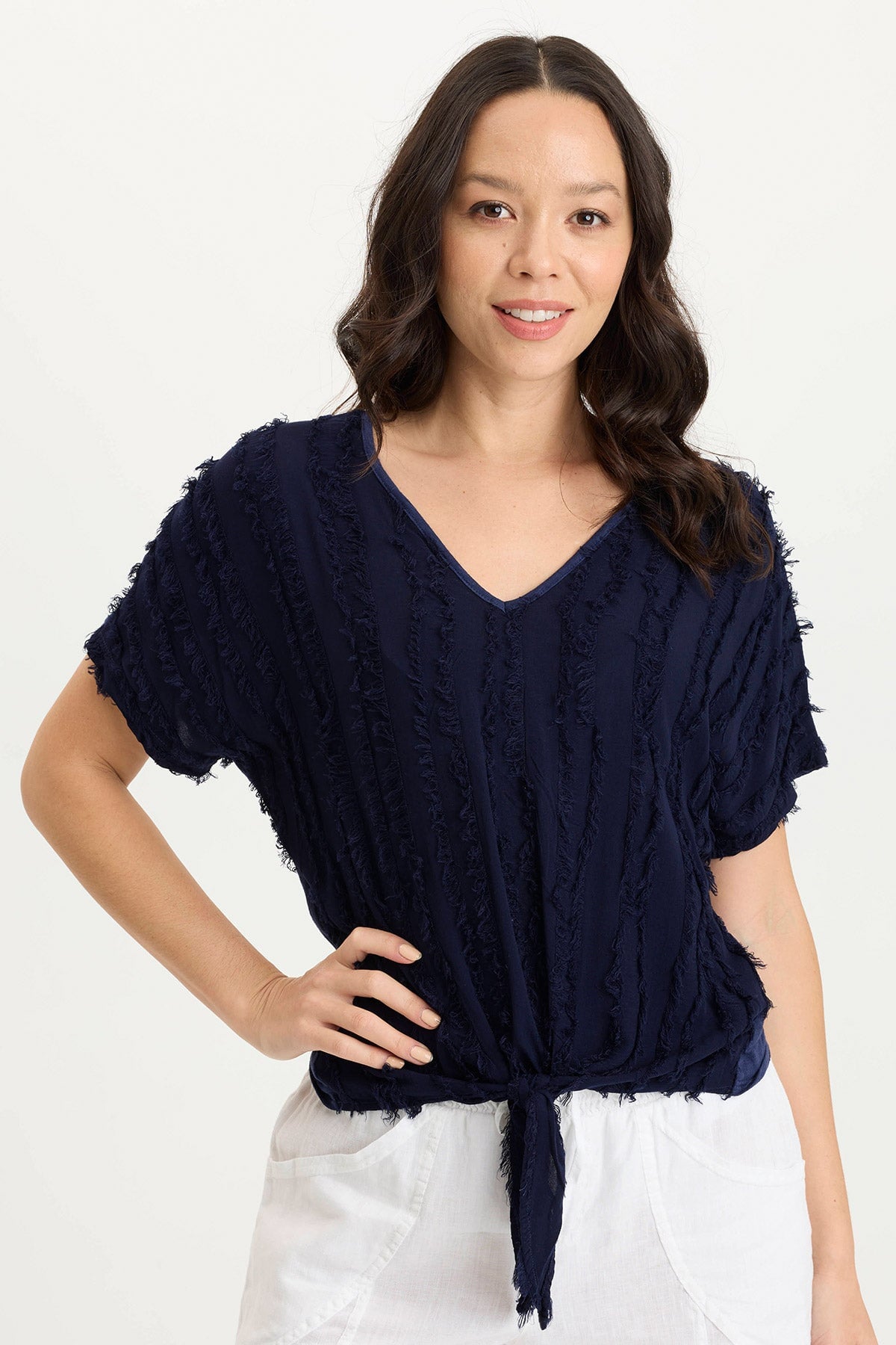 Curine Striped Voile & Jersey Knotted V-Neck Top for Women - Casual Summer Blouse for Beach, Party & Everyday Wear