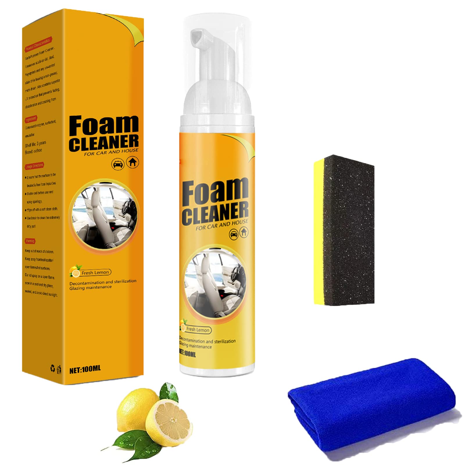 Amplesunshine Lemon Scented Foam Car Cleaner - Powerful Stain Remover, Multi-Purpose Auto Detailing Kit for Car Interior & Exterior (1PC) - Perfect for Car Wash, Seat Cleaning & Tire Shine