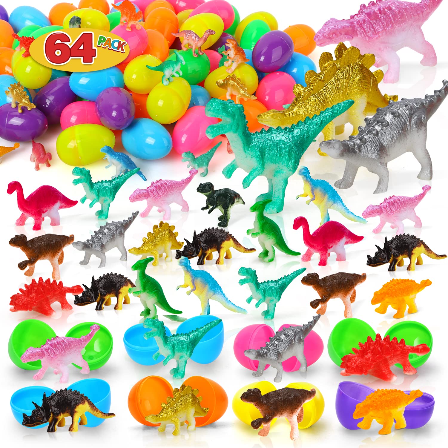 TOY Life 64-Piece Easter Egg Dinosaur Toys Set - Surprise Dinosaur Figures Inside, Easter Basket Stuffers for Kids, Easter Party Favors, Egg Hunt Prizes for Toddler Boys & Girls - Perfect for Easter Celebrations, Birthday Parties & Classroom Rewards