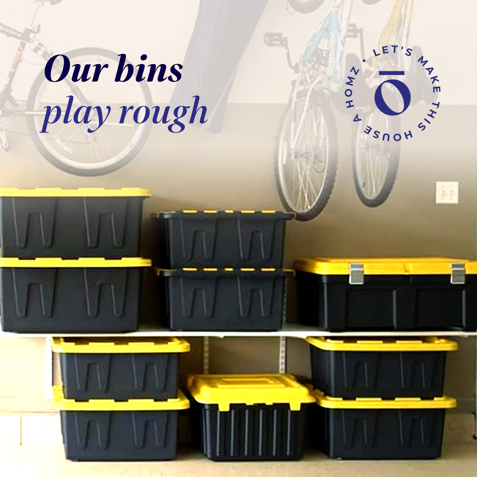 HOMZ 4-Pack 34 Gallon Heavy Duty Plastic Storage Bins with Lids - Durable Black & Yellow Containers for Home Organization, Garage Storage & Moving Supplies - Perfect for Closet, Basement & Warehouse Use