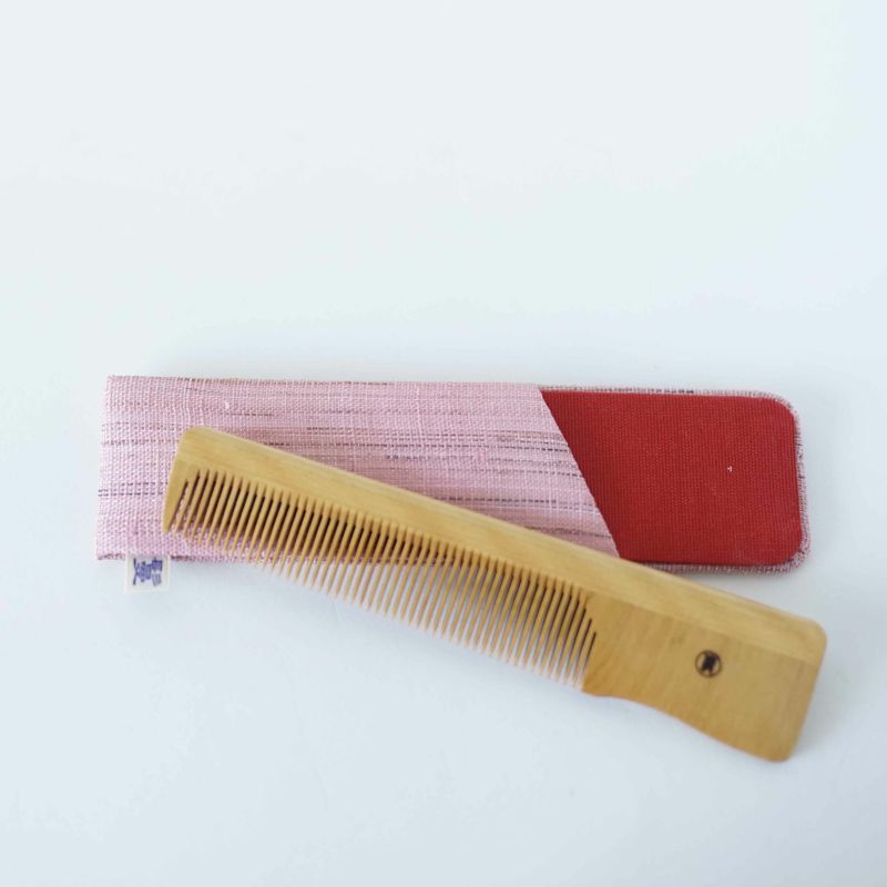 Handmade Kyoto Japanese Akane (Madder) Wooden Hair Comb with Linen Case - Traditional Japanese Hair Accessory for Women, Bridal, Kimono & Tea Ceremony Use