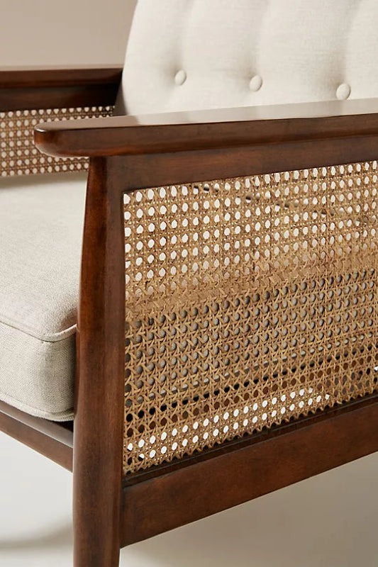 Nadia Caned Accent Chair with Brass Caped Design - Mid-Century Modern Rattan Lounge Chair for Living Room, Bedroom & Office Decor