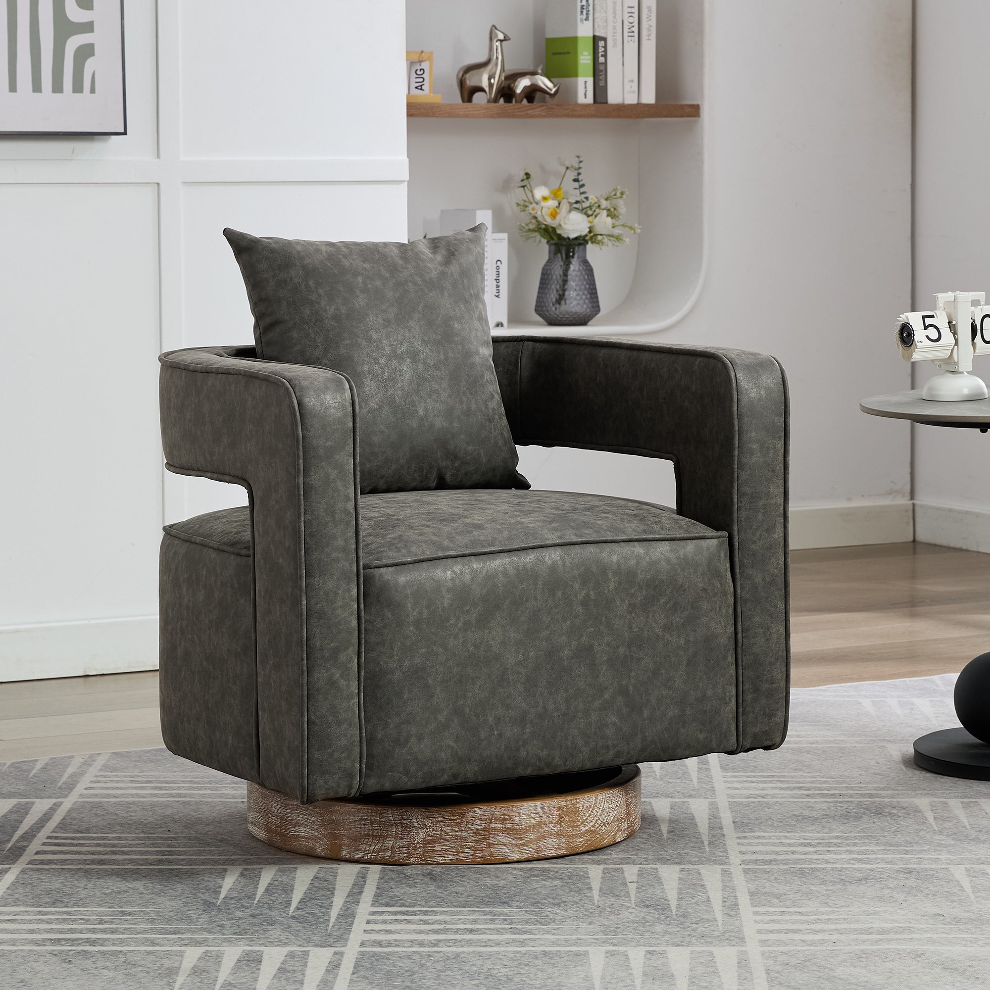 29.1W Swivel Accent Open Back Barrel Chair - Modern Comfy PU Leather Lounge Chair with Weathered Base - Perfect for Nursery, Bedroom, Living Room, Hotel & Office - Ergonomic Club Chair for Relaxing, Reading & Entertaining (Gray)