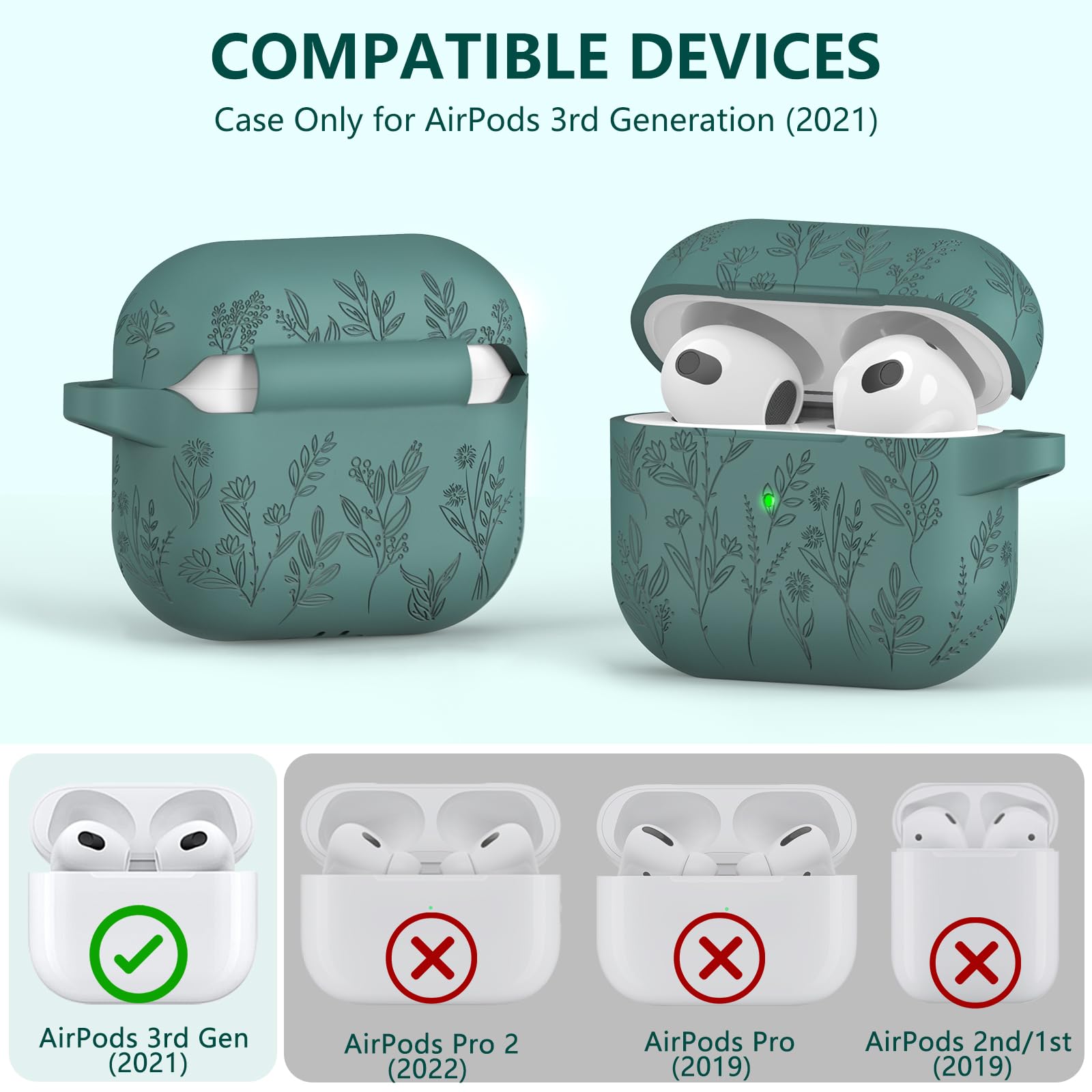Flower Engraved AirPods 3rd Generation Case with Cleaning Kit - Soft Silicone Protective Cover with Keychain & Visible Front LED - Compatible with AirPods 3 (2021) - Perfect Gift for Women, Travel & Daily Use