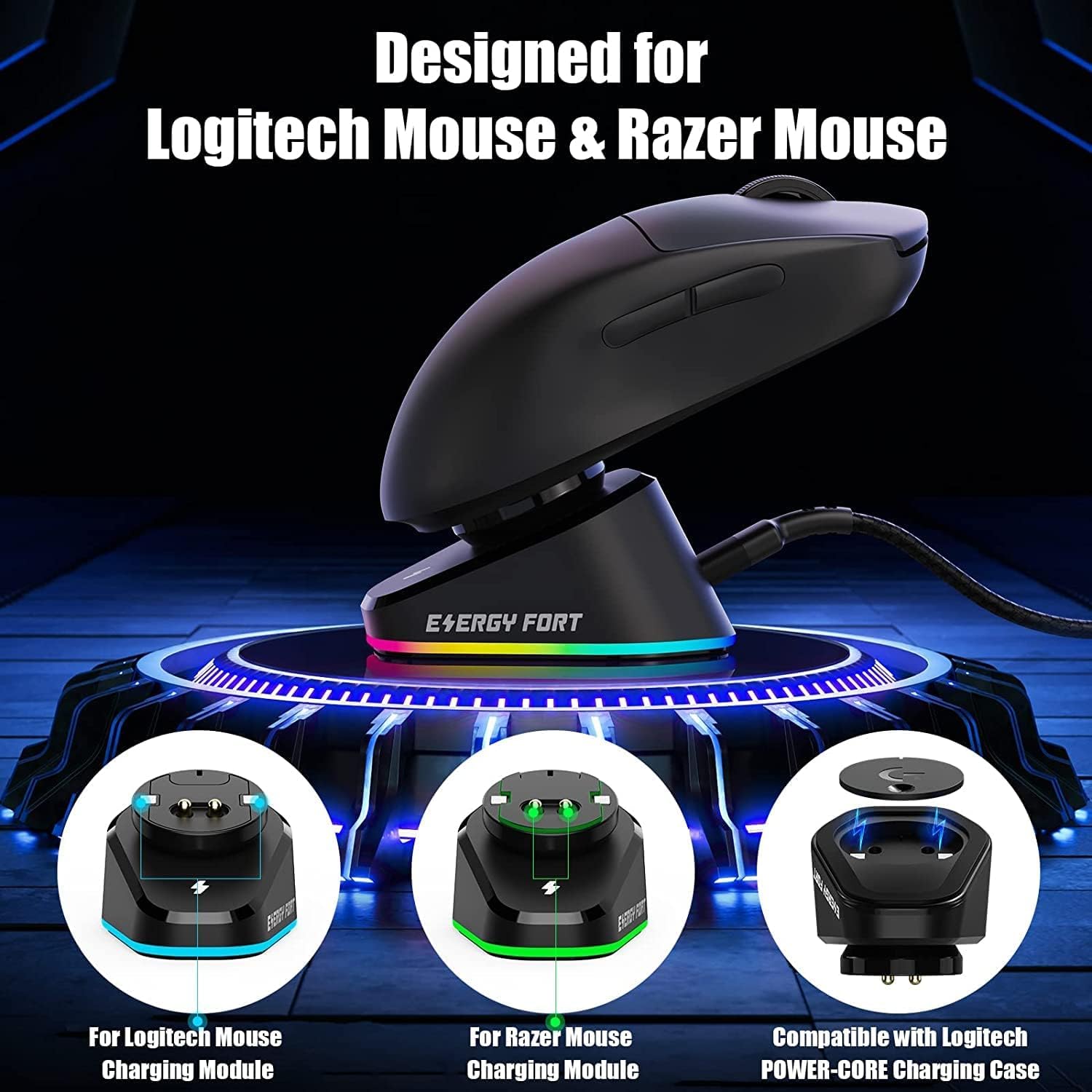 Wireless Charging Dock for Logitech & Razer Gaming Mice - Compatible with Logitech G PRO Wireless, G PRO X SUPERLIGHT, G502 LIGHTSPEED, Razer DeathAdder V2 Pro - Fast Charging Station (Black) - Perfect for Gaming Setup & Workstation Accessories