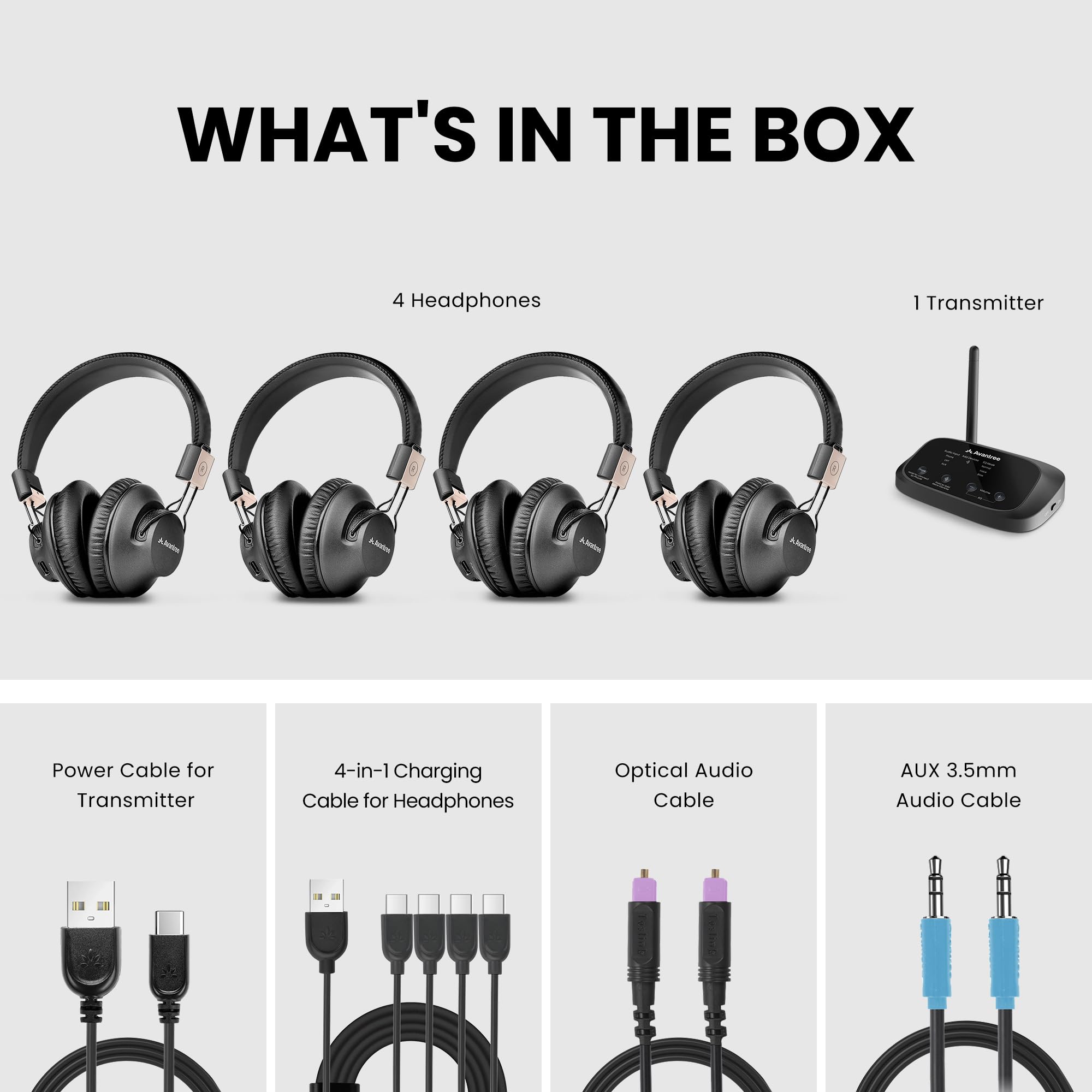 Avantree Quartet 2 - Wireless Bluetooth Headphones & Transmitter Set for Group Listening - 4 Rechargeable Low Latency Headphones with HD Sound - Perfect for Parties, Silent Discos, Church, TV Watching, and Home Entertainment